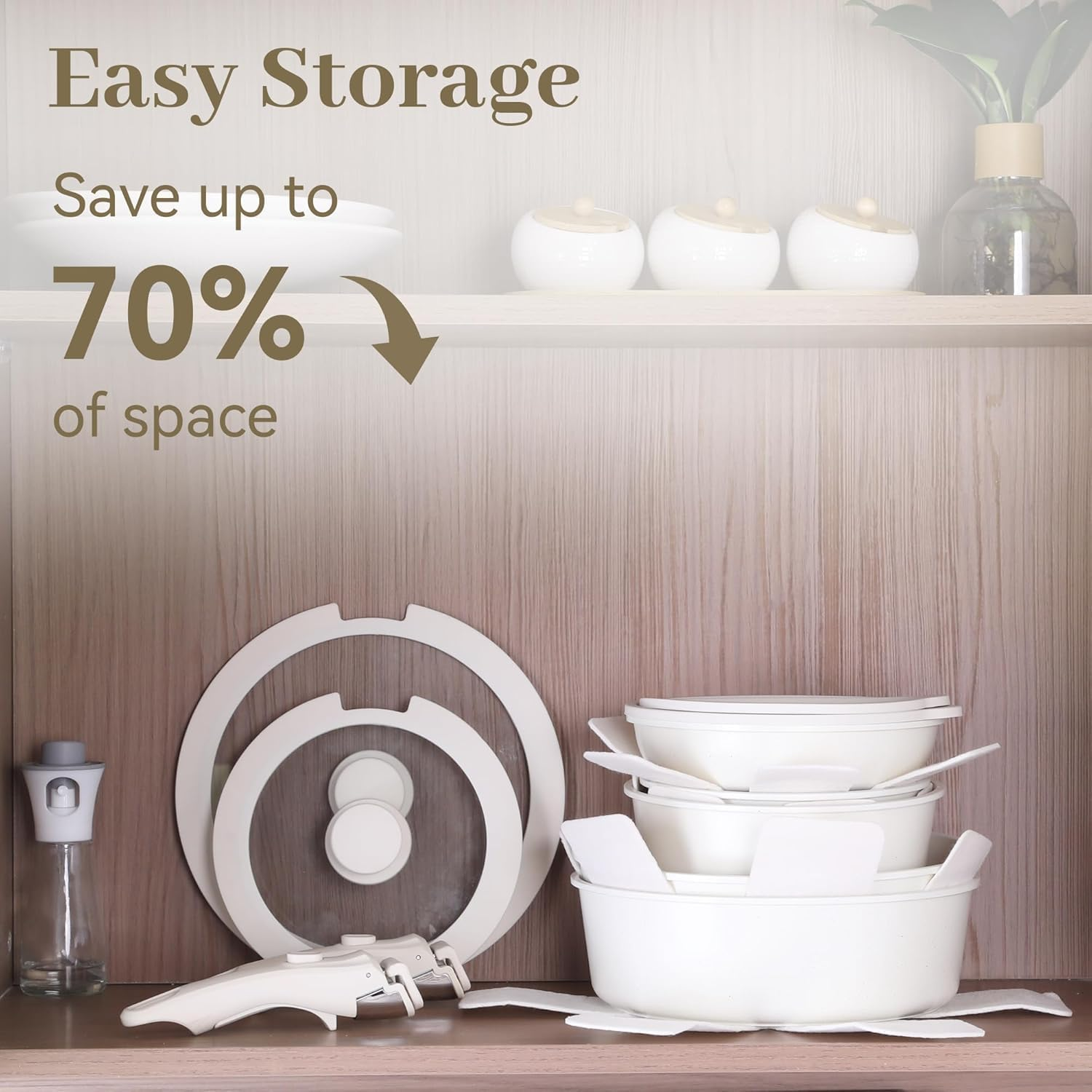 Pots and Pans Set Non Stick, 15Pcs Kitchen Cookware Sets, Dishwasher/Oven/Fridge Safe, Space Saving Pots Set, Nonstick Set with Versatile Detachable Handle, Induction RV Set, Cream (Cream Color) - Black image number 7