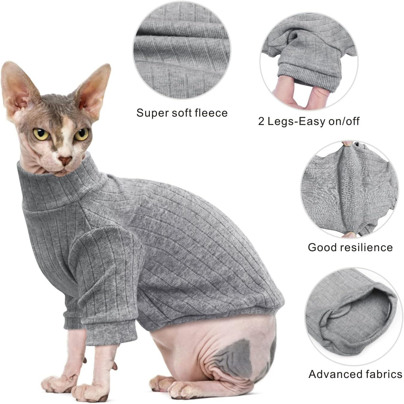 Oslueidy Sphynx Cat Clothes, Hairless Cat Vest Turtleneck Sweater, Kitten Puppy Pullover Shirt with Sleeves, Cat Pajamas Jumper for Sphynx, Cornish Rex, Devon Rex, Peterbald (Grey, XS) image number 4