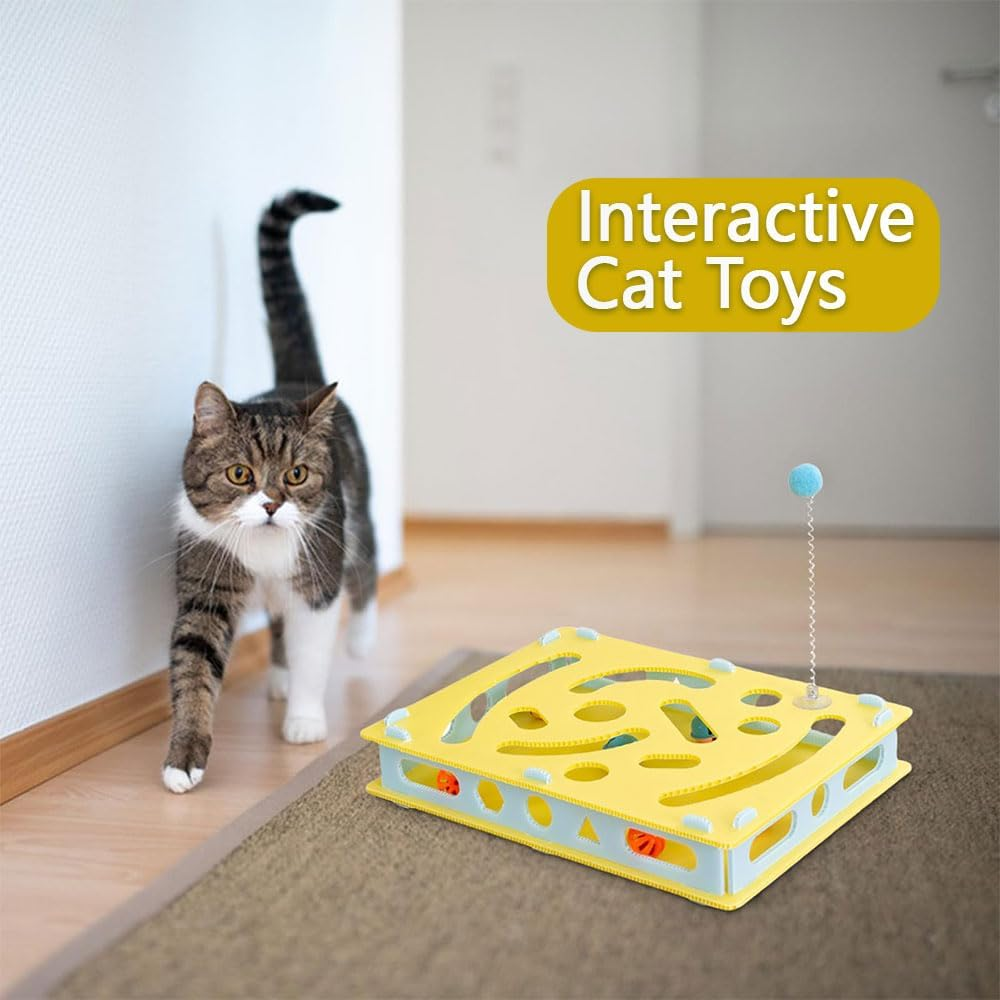 Interactive Cat Puzzle Toy &ndash; Digging Maze Game with Bell Track & Spring Balls, Boredom Relief Toy for Indoor Cats & Kittens, Mental Stimulation & Exercise Training, 15.75X11.81X1.97In, Yellow image number 1