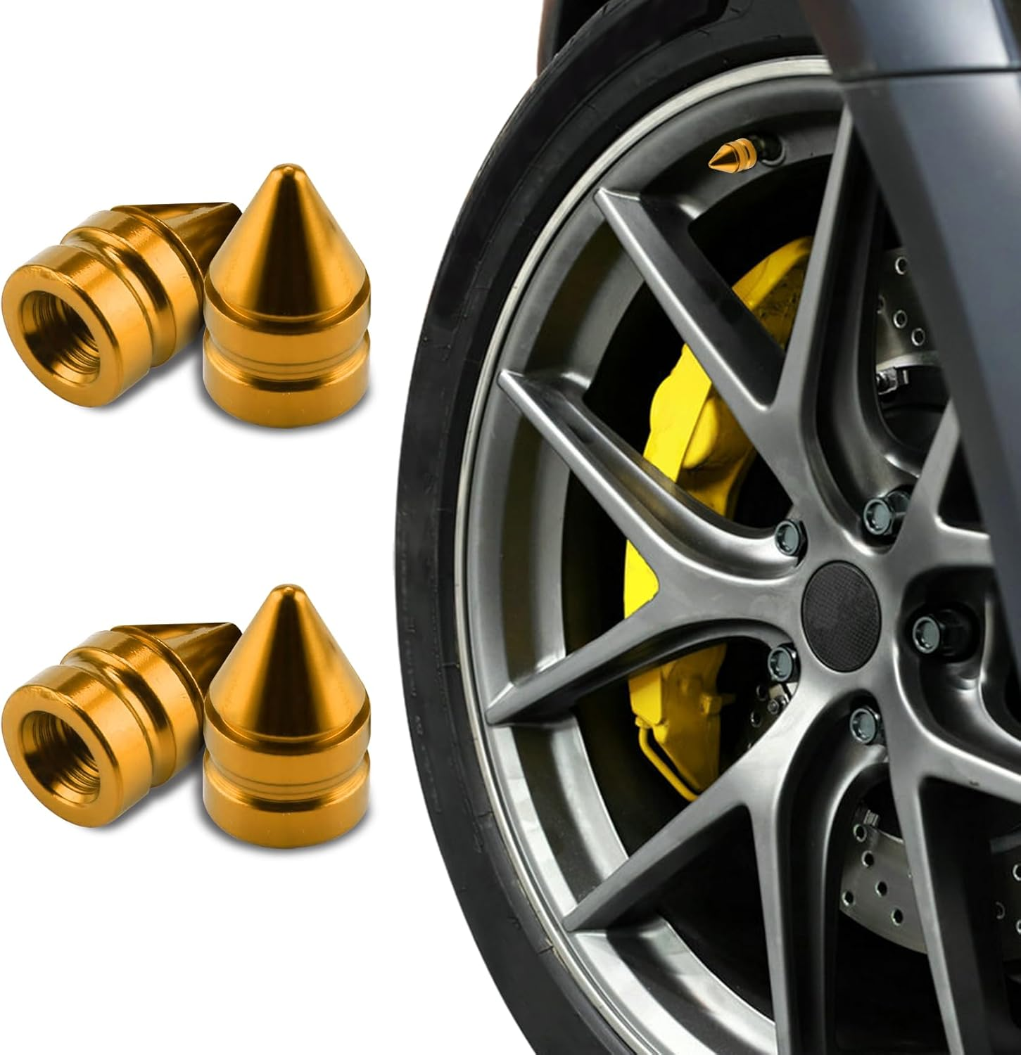 4PCS Tire Valve Caps, Tire Valve Stem Caps, Spiked Aluminum Stem Valve Caps with Plastic Liner Corrosion Resistant Leak-Proof, Universal Car Accessories Universal for All Vehicles (Gold)