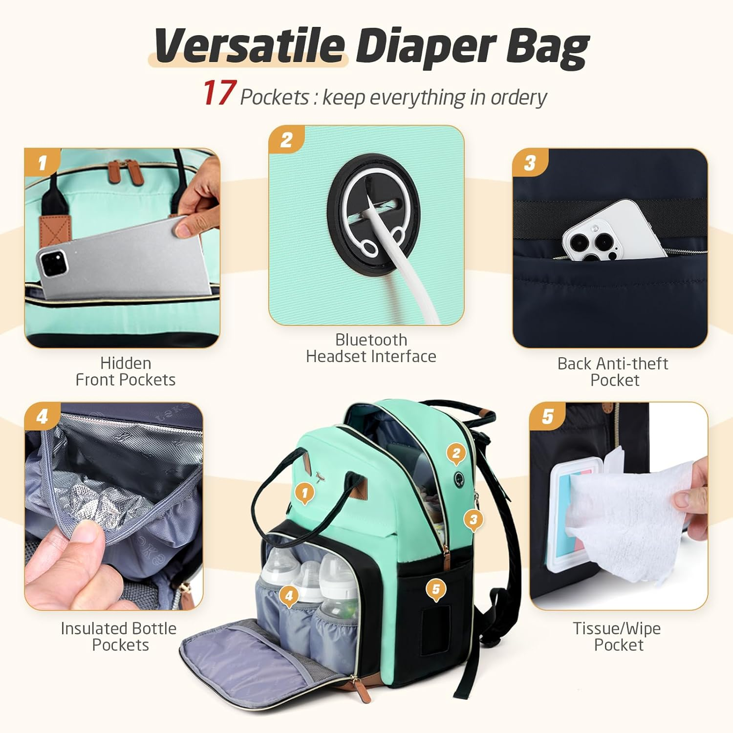 Extra Large Diaper Bag Backpack, Diaper Bag for 2 Kids, Twin Diaper Bag 25-37L Expandable - Apricot  Grey image number 7