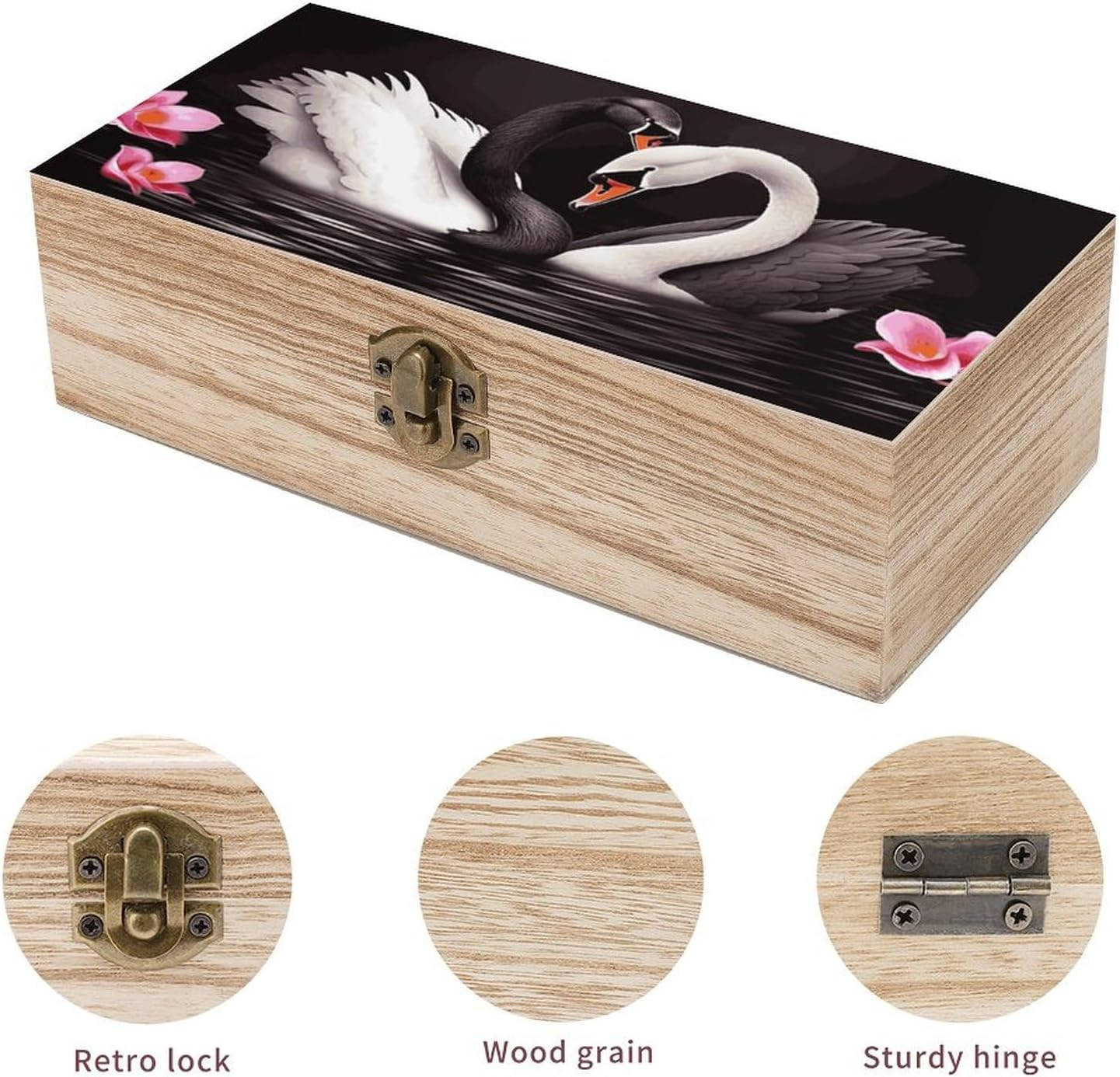 Black White Swan Wooden Box Wood Wedding Keepsake Boxes with Lids Small Decorative Boxes Lightweight Wooden Memory Storage Box for Crafts Keepsakes Jewelry Photo Letter Storage