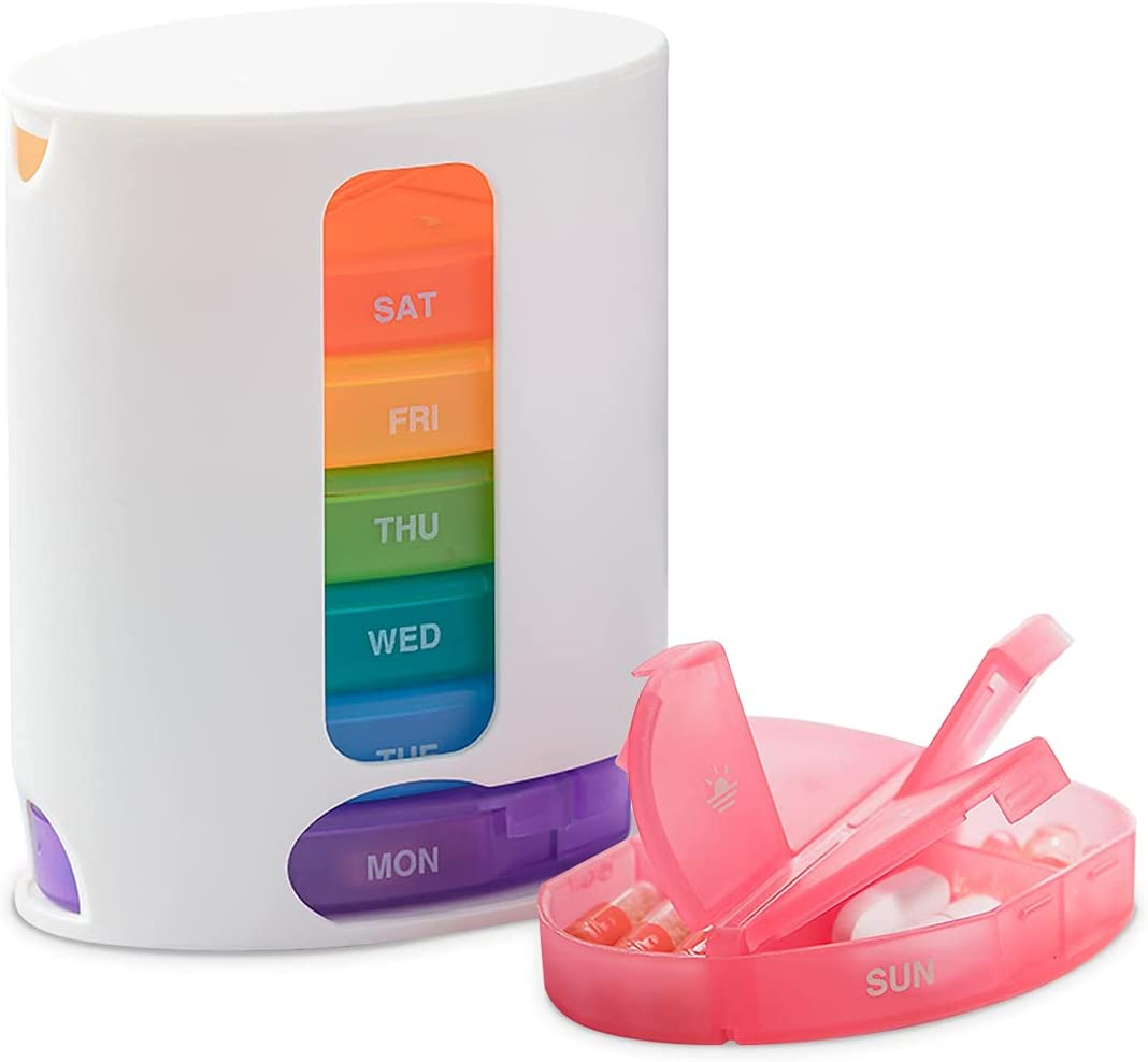 Miss Rui Weekly Pill Organiser BPA Free Pill Box Case 7 Day 4 Times a Day, Portable Stackable Pill Dispenser to Hold Fish Oils Vitamins Supplements and Medication (White)