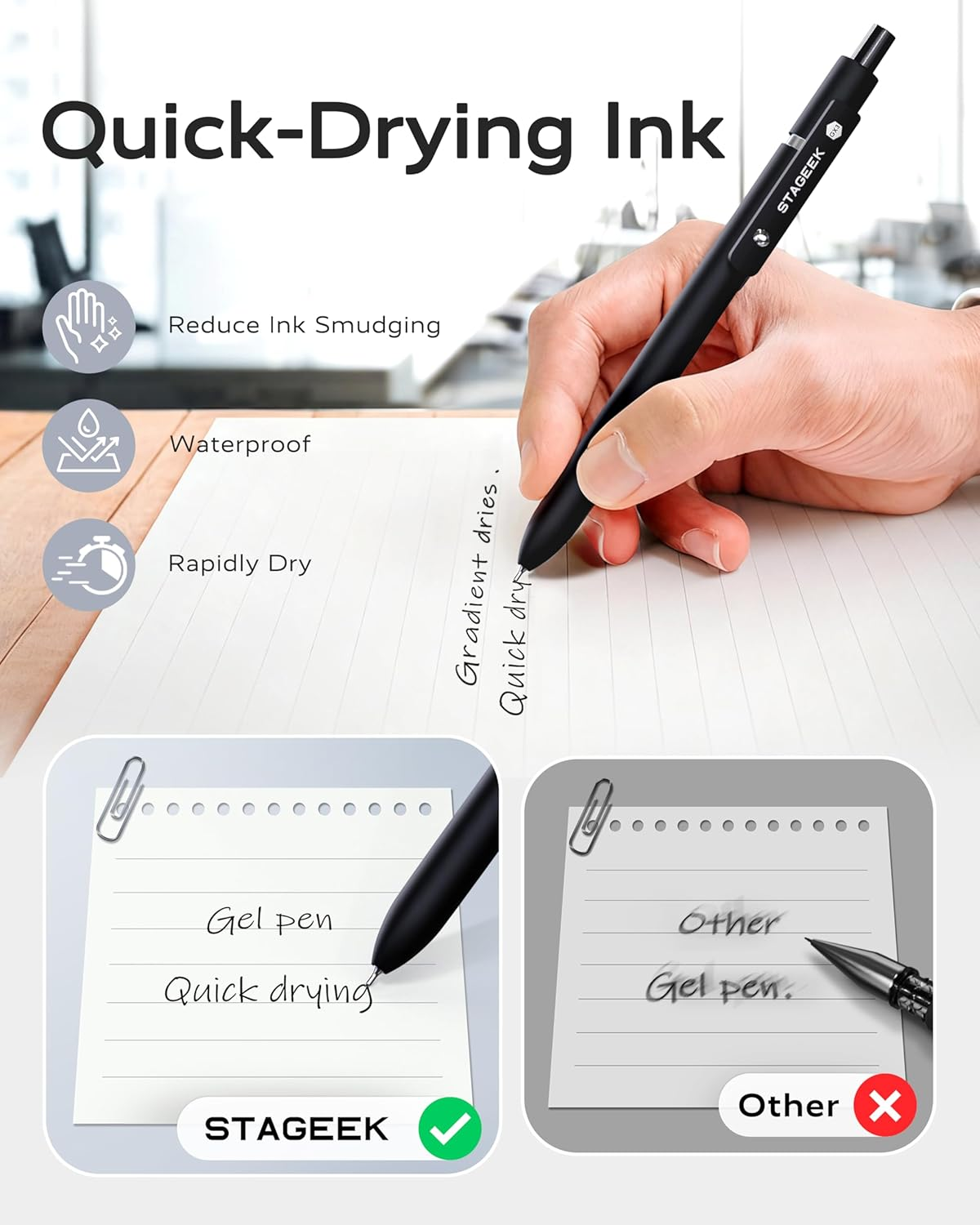 Black Gel Pens, 6Pcs 0.7Mm Gel Pens Fine Point with 3 Extra Refills, Quick Dry Retractable Gel Pen Set, Smooth Writing Pens for Office Work, Note Taking, Black Ink Pens for Men Women image number 6