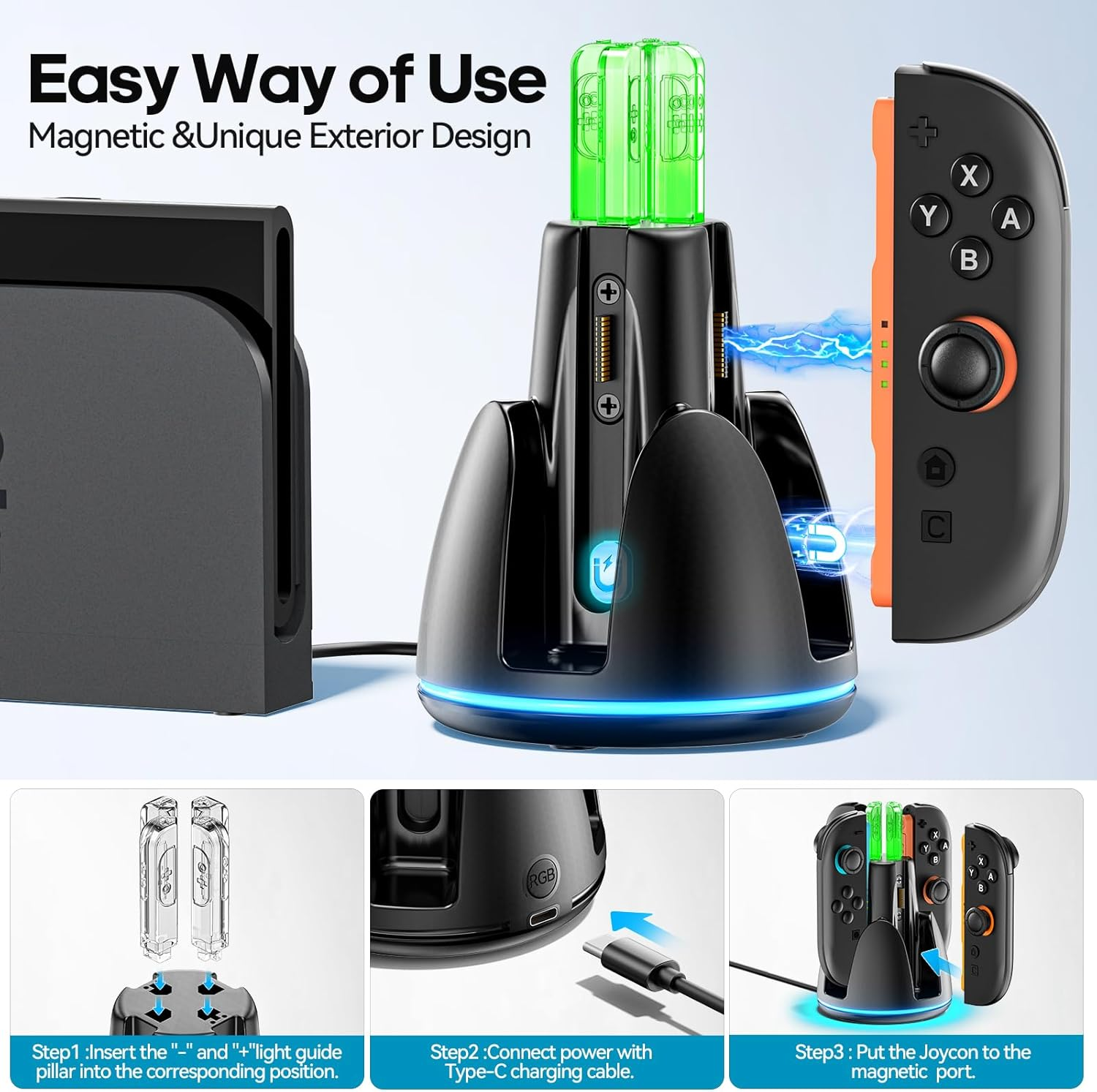 Tokluck Switch 2 Controller Charger with Strong Magnetic for Nintendo Switch 2 Joycon (2025), 4 in 1 Switch 2 Controller Charging Dock with Indicator, Joy Con 2 Fast Charger Dock Accessories Kit image number 4