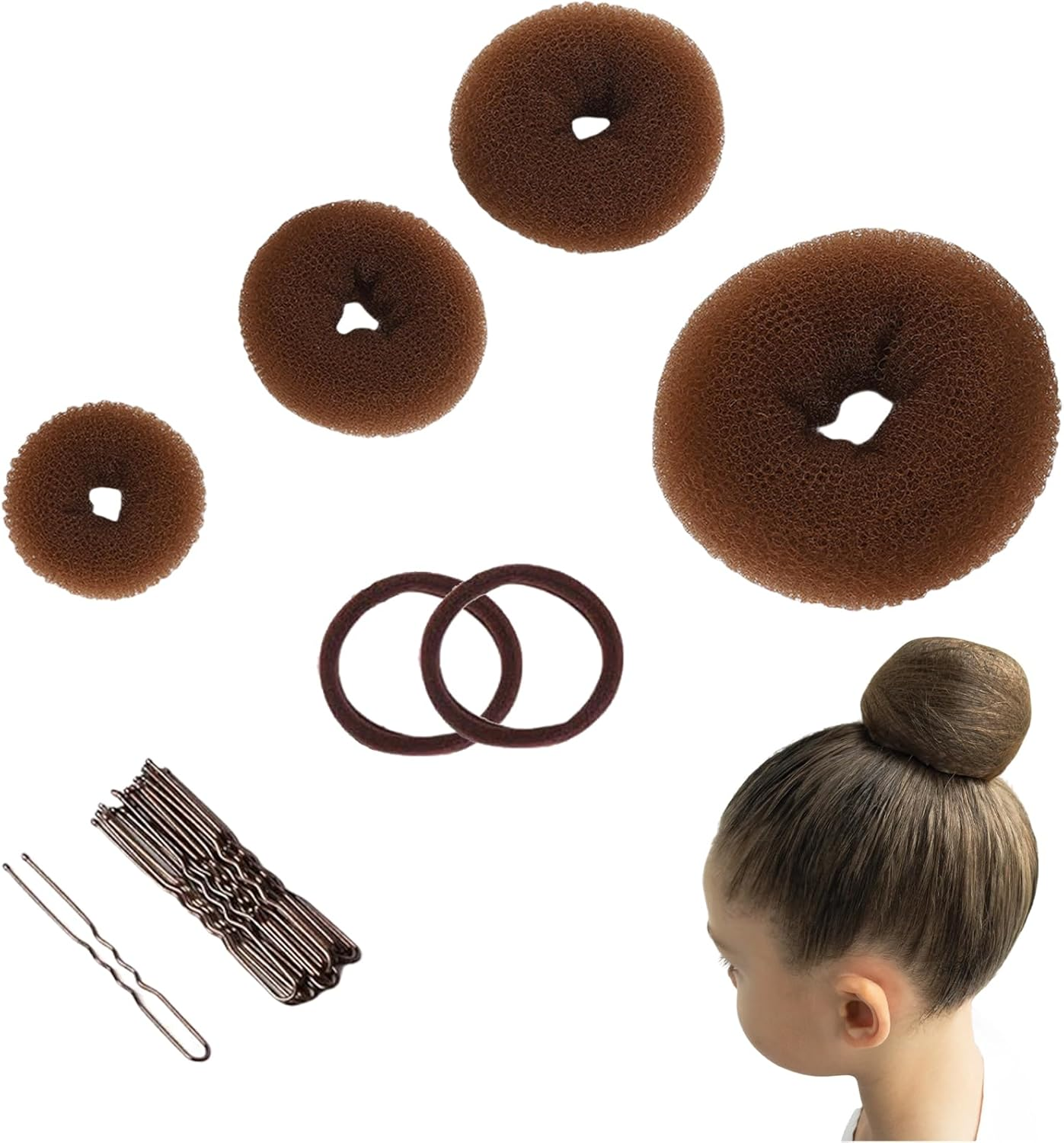16-Piece Doughnut Hair Bun Set, Bun Maker Set for Dancers, Children, Girls (Brown)