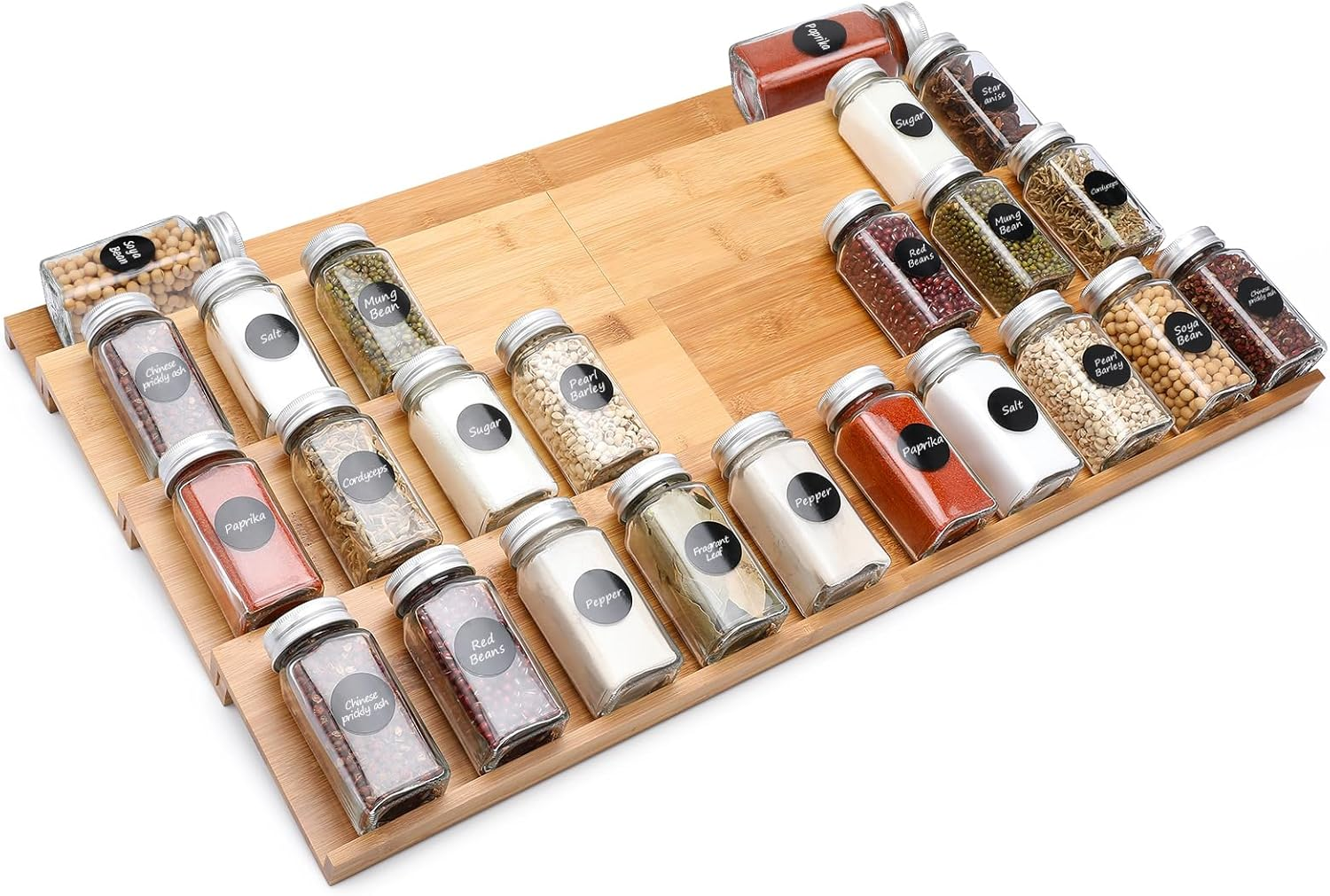 DEWVIE Spice Drawer Organizer, 4 Tier Stainless Steel Spice Rack Organizer Expandable from 13" to 26" for Cabinet Kitchen Seasoning Jars Drawers Insert (Jars Not Included)