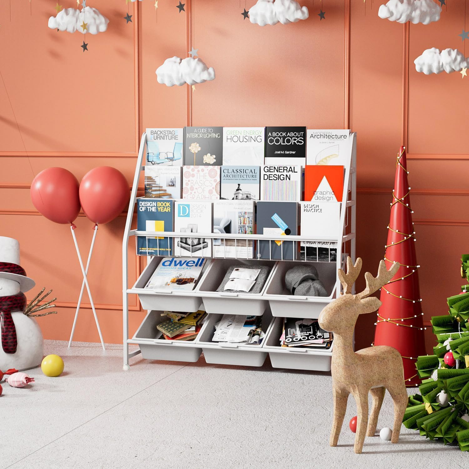 Kids Bookshelf, Metal Bookshelf Freestanding, 3 Tier Bookcase, Book Rack with 6 Storage Organizer, Storage Nursery Book Shelf for Children, Study Room image number 1