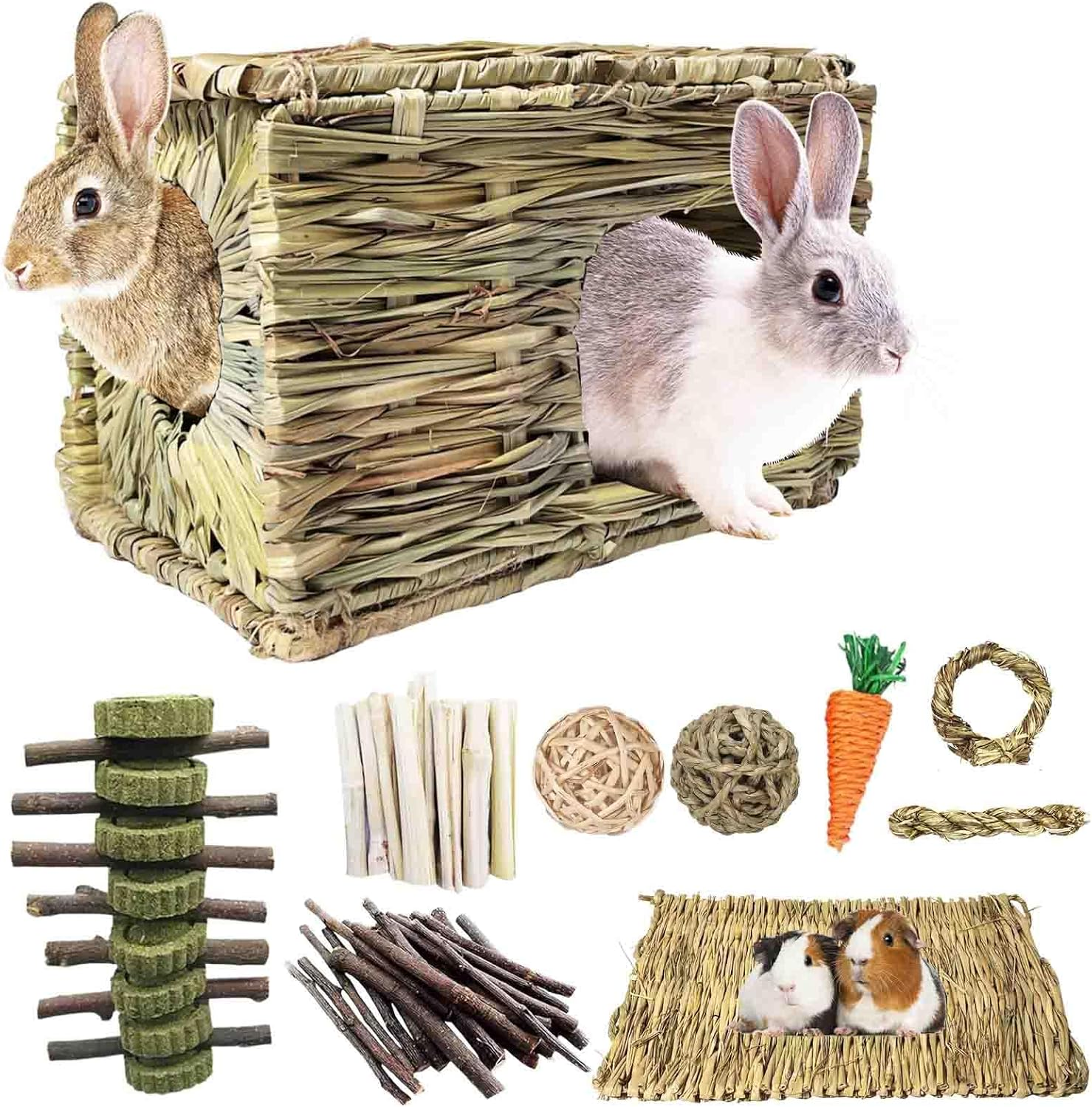 Rabbit Grass House,Natural and Comfortable Hiding Place,Rabbit Bed with Straw Mat,Carrot Chewing Toy,Apple Bark,Grass House for Rabbits,Guinea Pigs,Squirrels,Edible Rabbit Hideaway with Chewing Toys image number 2