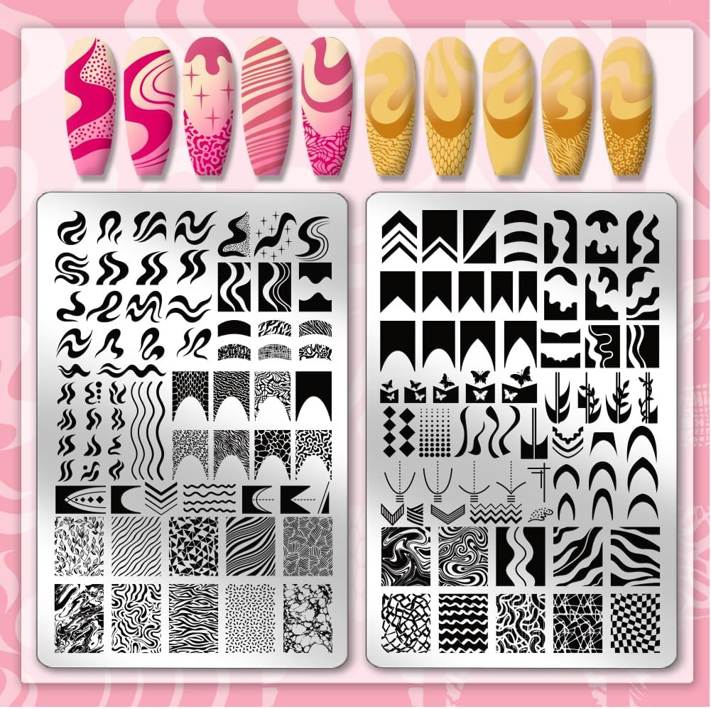 PH Pandahall 2Pcs French Line Print Nail Art Template Swirl Line Pattern Nail Stamp Plate Stainless Steel Image Plate Texture Nails Stencil Set for Women DIY Printing Decor 5.7X3.7 Inch image number 1