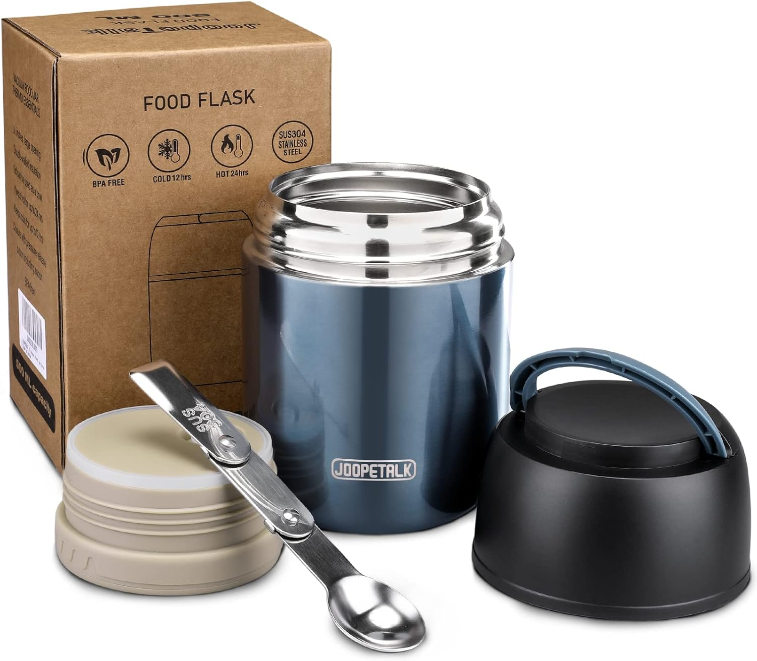 17 Oz Insulated Lunch Containers Hot Food Jar, Wide Mouth Lunch Thermos for Hot Food Kids Adults, Vacuum Stainless Steel Thermos Lunch Box with Handle Folding Spoon for School, Office (Blue-Pink)