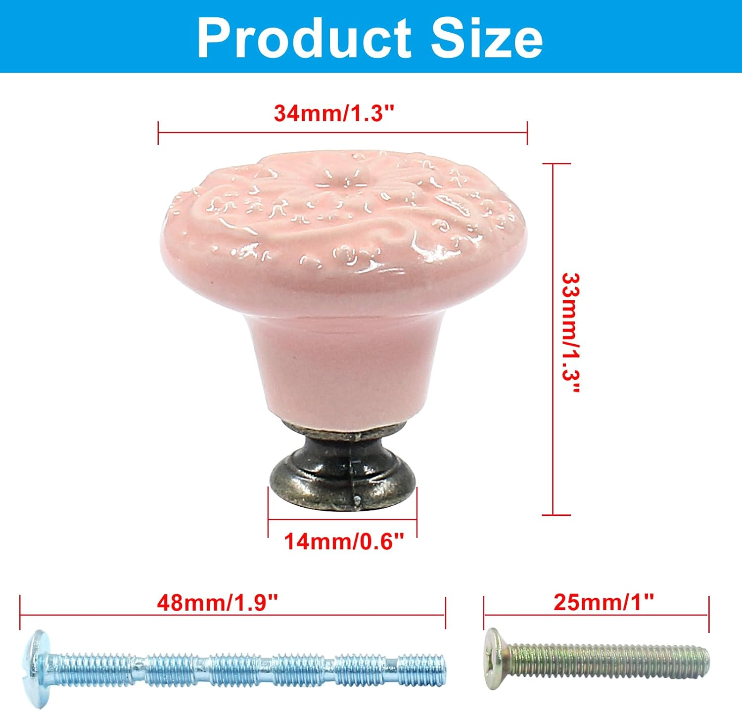 Piutouyar Ceramic Kitchen Cabinet Knobs, Pink, 10Pcs, 1.3Inch Diameter, Retro Style image number 3