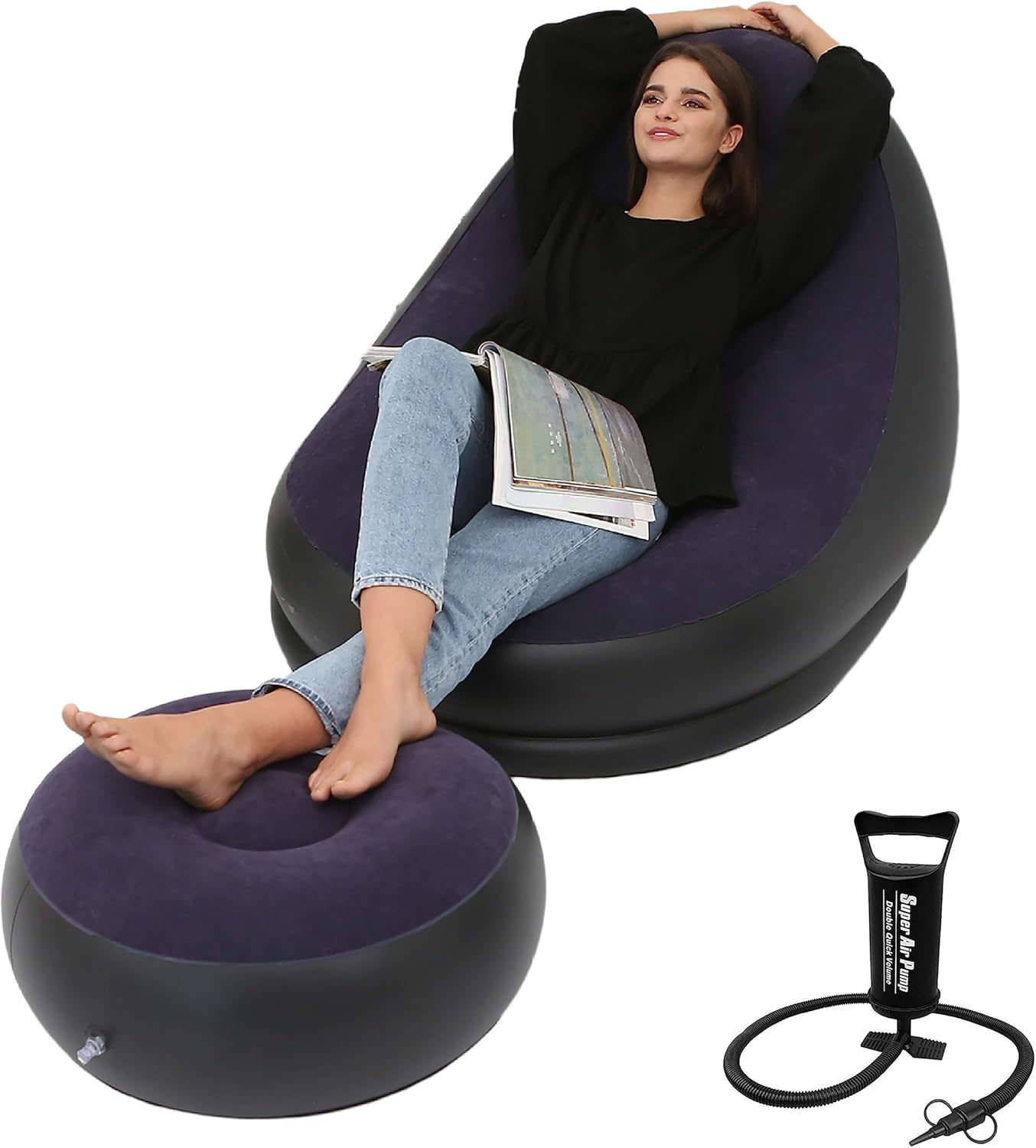 Inflatable Deck Chair with Household Air Pump Blow up Couch Lounger Sofa Set for Indoor Living Room Outdoor Travel Camping Picnic (Blue) image number 6