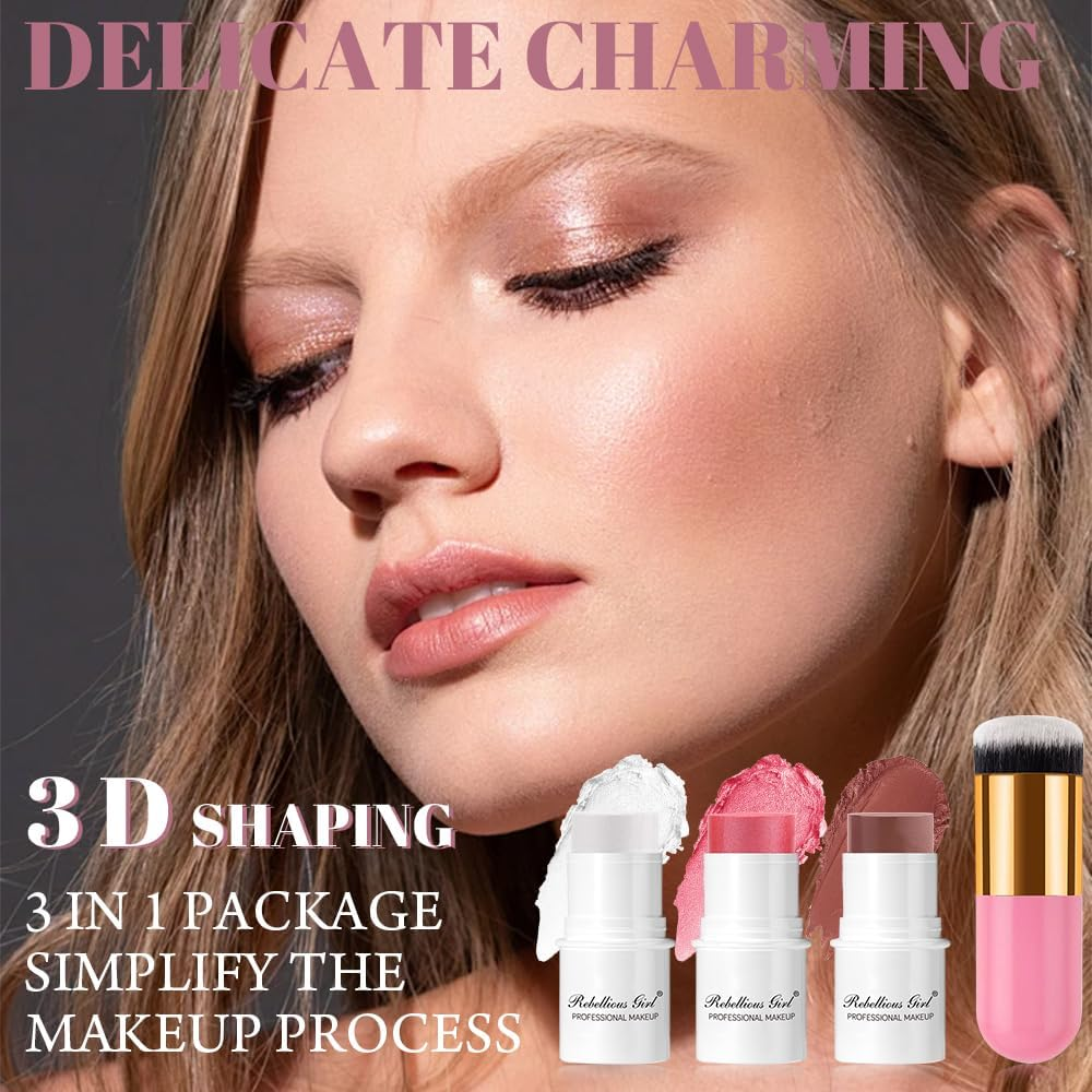 3 Colors Cream Blush Sticks, Contour Stick Makeup Kit for Cheeks, Non-Greasy, Matte Finsh, Long-Lasting, Face Makeup Contouring & Highlighter & Blush Sticks with Brush image number 1