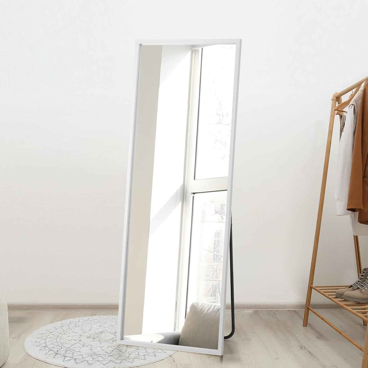 Oikiture Rectangle Full Lenght Mirror 166 X 60Cm Floor Mirror with MDF Frame Free-Standing Mirror Home Living Room Furniture White image number 2