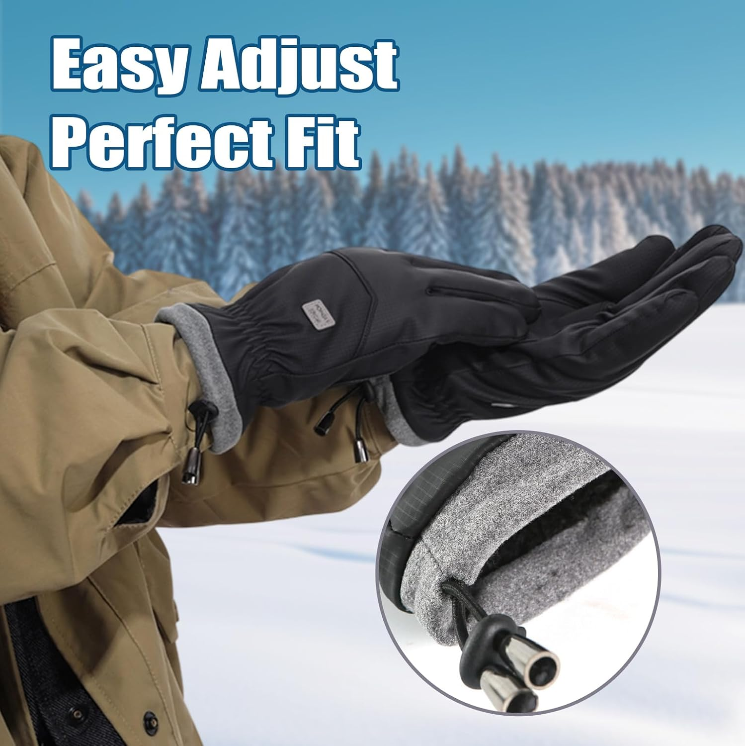 VIIOTU Ski Gloves for Men & Women - Winter Snow Gloves Waterproof Touchscreen, Thermal Windproof for Skiing, Cycling, Running (Texting, Adjustable Cuff) - Black image number 4