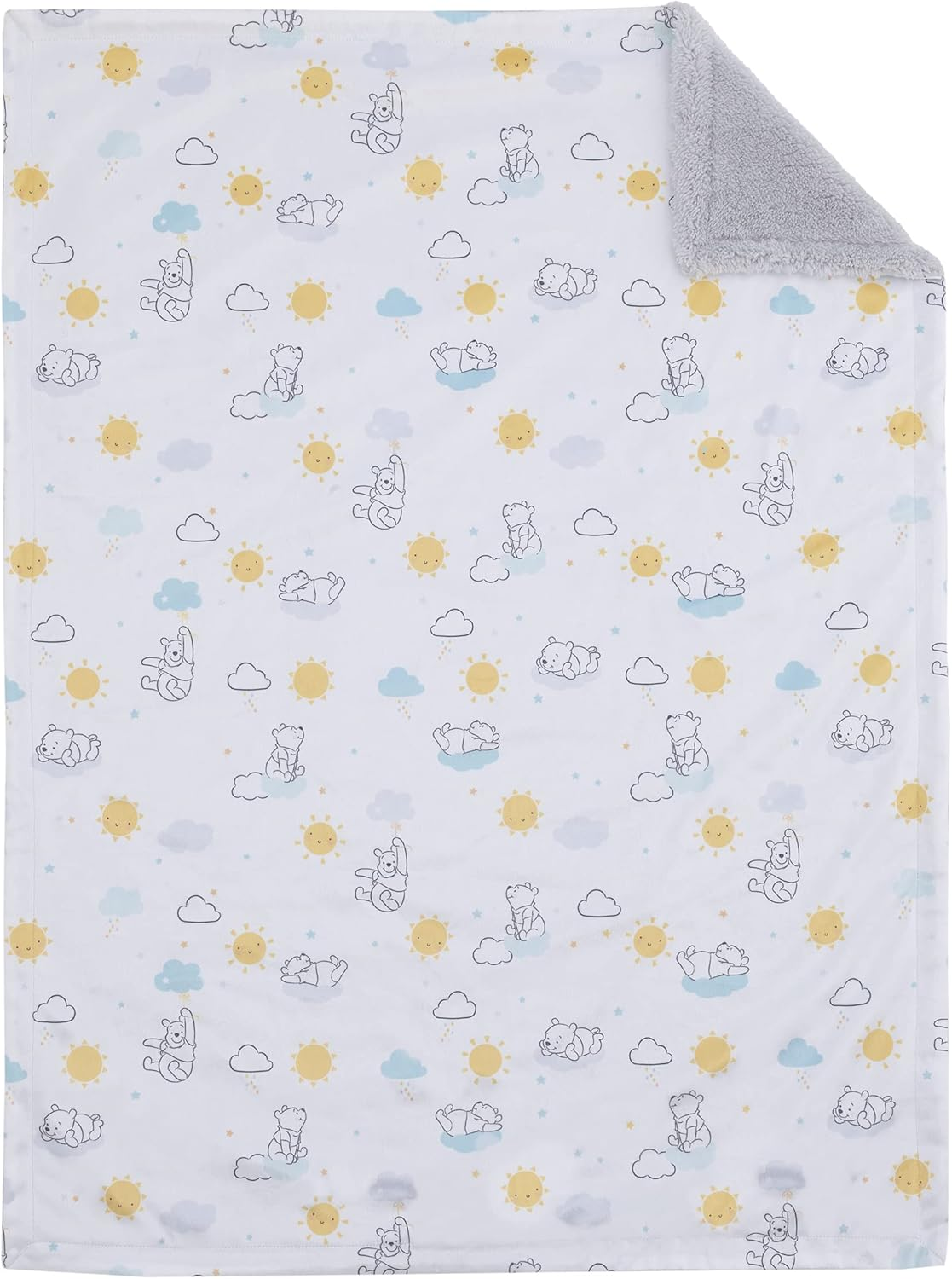 Disney Winnie the Pooh White, Yellow, and Aqua Sunshine and Clouds Super Soft Velboa with Sherpa Back Baby Blanket - Disney Mickey Mouse Striped image number 3