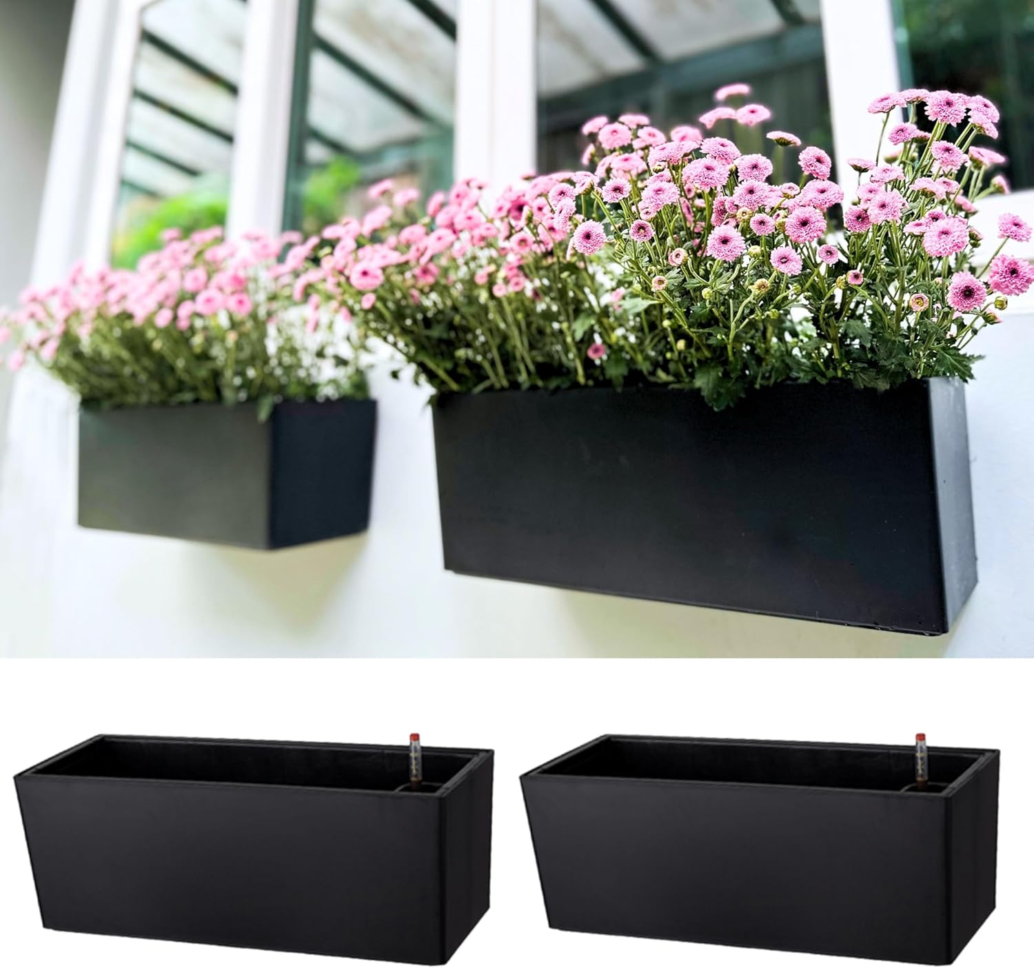 Lalagreen Wall Planters for Outdoor (2 Pack, 14 Inch) Black Self Watering System Hanging Plant Box Flower Pot, Rectangular Wall Mount Indoor Vertical Living Garden Decoration Window Sill Herb Trendy image number 4