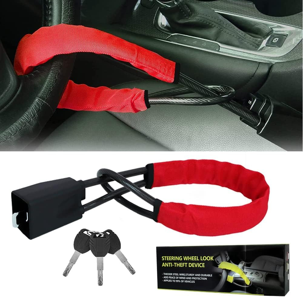 Steering Wheel Lock Seat Belt Lock anti Theft Device Car Lock Car anti Theft Prevention Security with 2 Keys Universal Fit Most Cars Vehicle Truck SUV Van (Red)