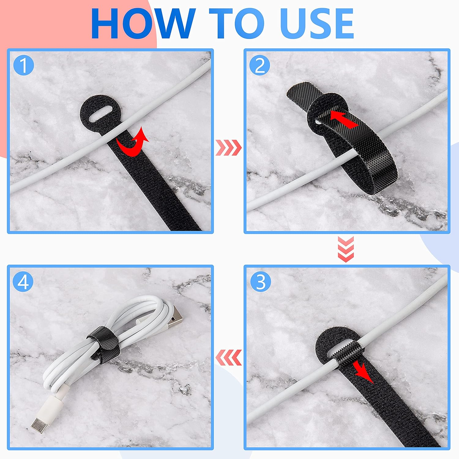 60 X Reusable Cable Ties Black, Adjustable Releasable Hook and Loop Cable Straps for PC Cable Management, Organizing Cords, TV, Desk image number 3