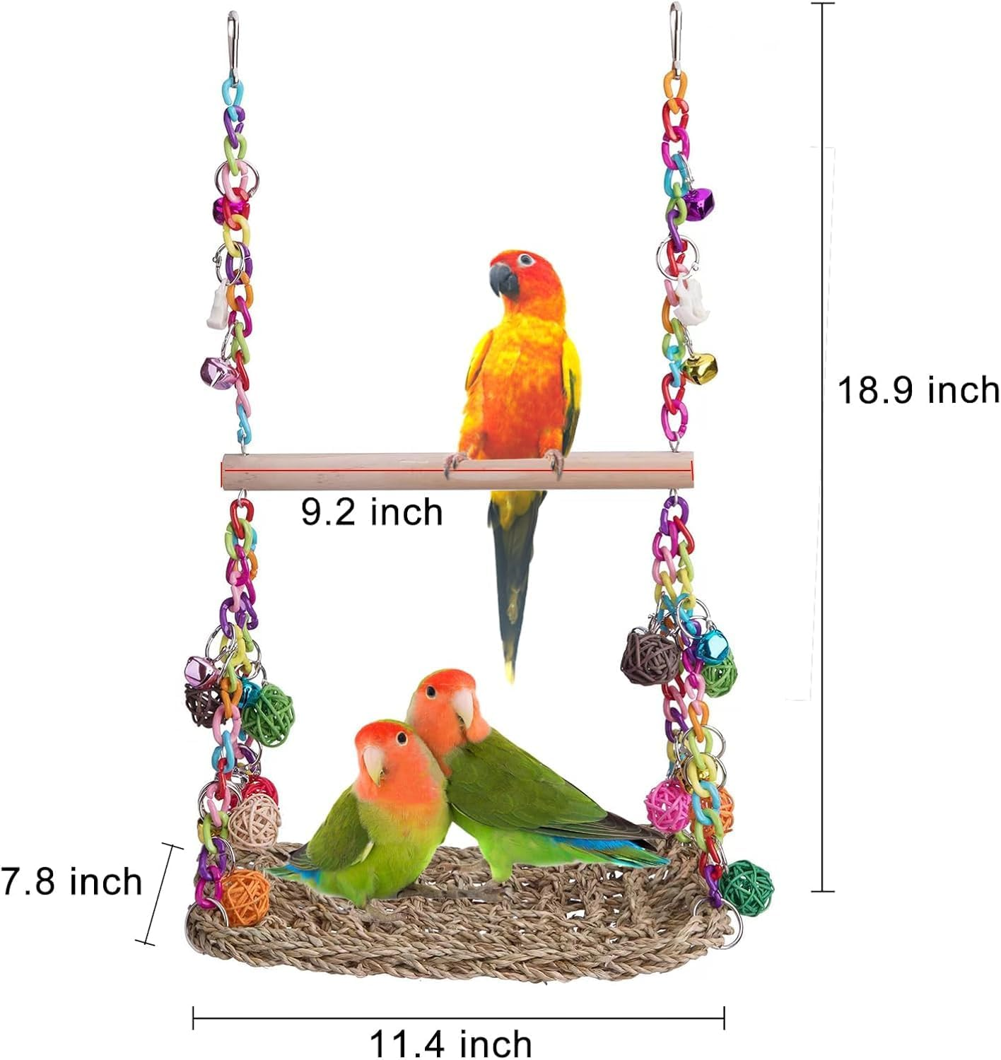 Bird Swing Toys, Seagrass Woven Parrot Platform, Bird Climbing Hanging Hammock with Wood Perch, Bird Perch Stand Chewing Toy for Parakeets, Budgie, Conure, Cockatiel, Lovebird image number 1