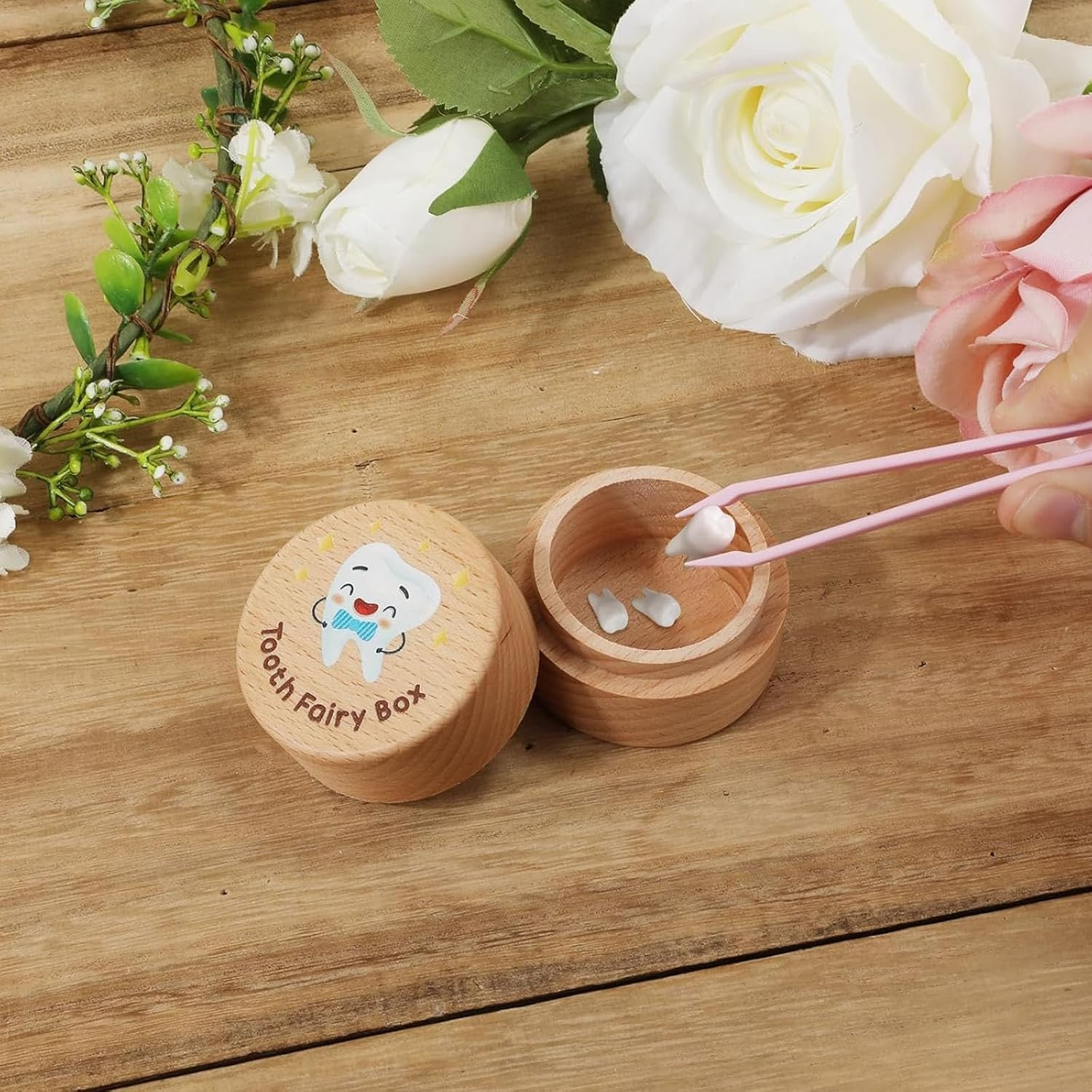 Tooth Fairy Door Hanger - Blue Wooden Tooth Fairy Money Holder Box for Lost Tooth, Cute 3D White Tooth Keepsake Cartoon Image. image number 6