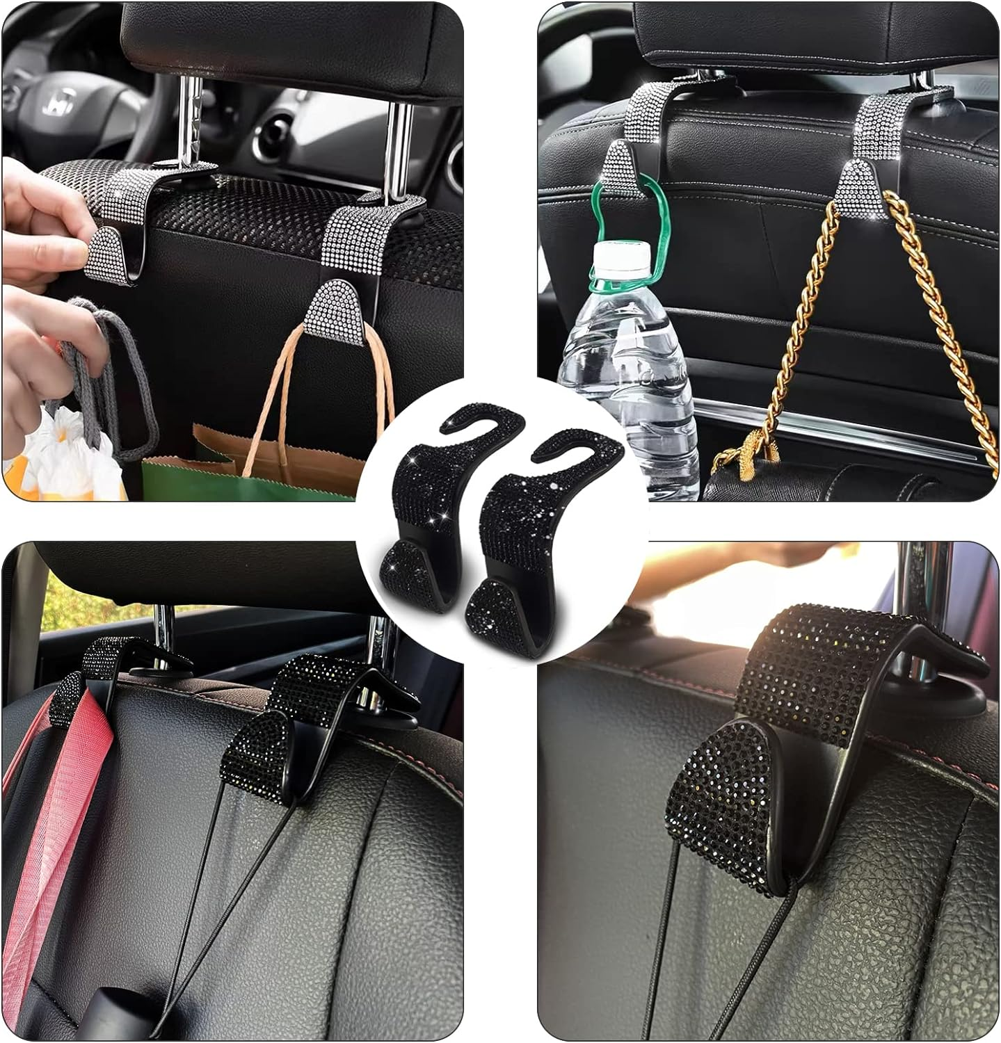 2PCS Car Seat Hooks - Bling Rhinestone Headrest Hooks with Universal Design - Perfect for Holding Handbags, Clothes, Purses, and Water Bottles - Black image number 5