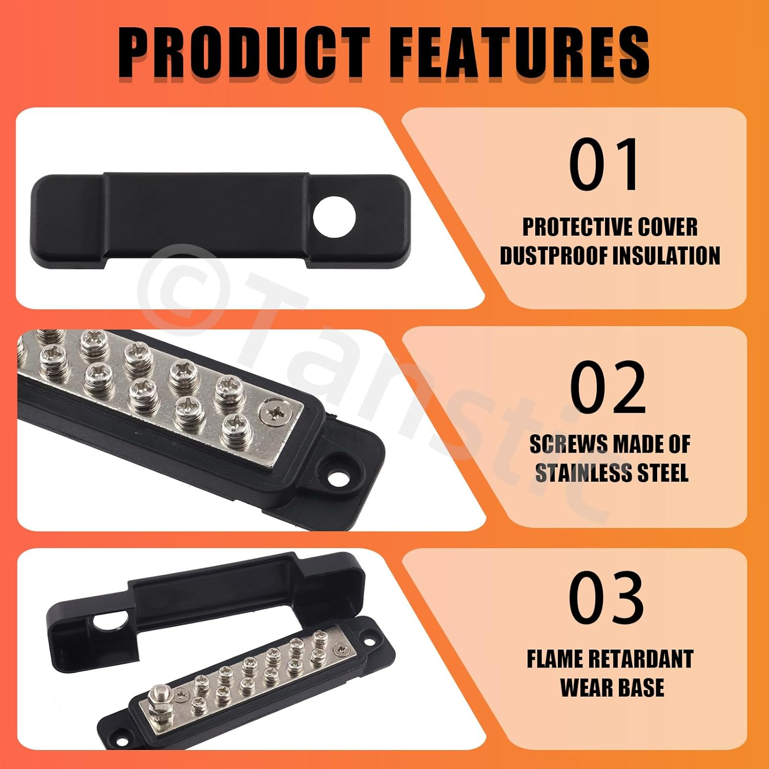 Tanstic 12 Terminal Power Distribution Block with Ring Terminals, 12 Terminals Bus Bar-1/4 Stud, 12 X M4 (#8) Terminal Screws, Black image number 4
