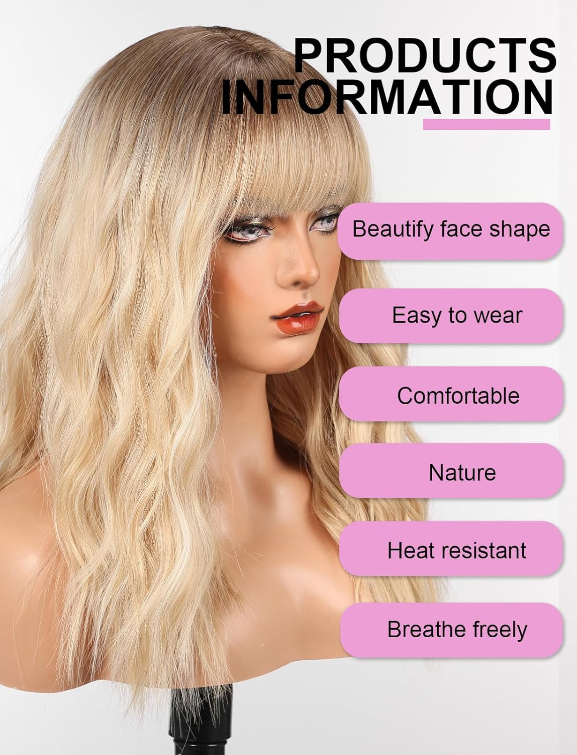 WOKESTAR Long Wig with Fringe Synthetic Wavy Wigs for Women Blonde with Highlights Color