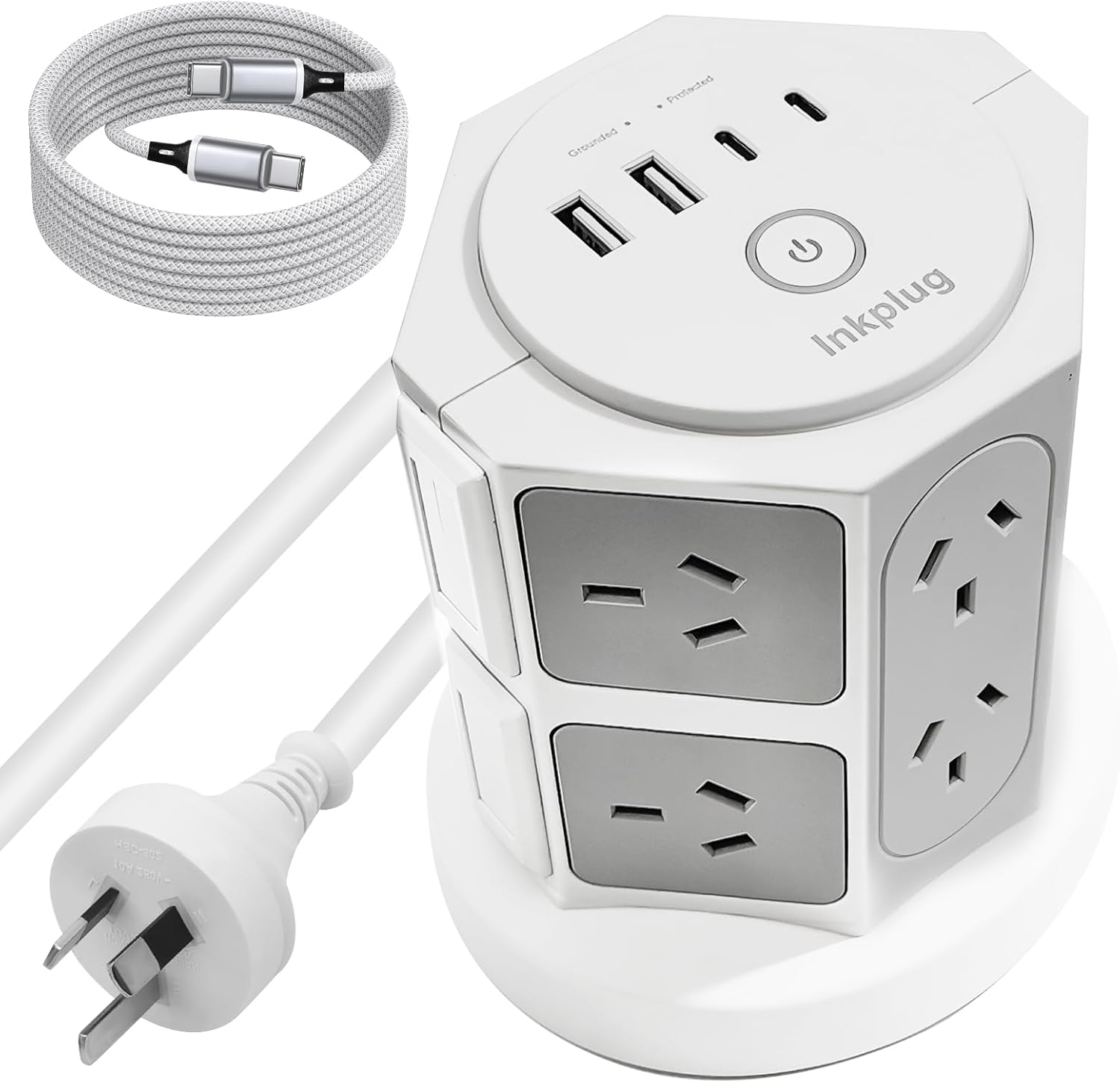 Inkplug Power Board Surge Protected with 12 Widely Outlets, Powerboard with 2 USB C & 2 USB A, 1050J Surge Protector, 2 M Extension Cord, Power Board Tower for Home, Office, School, image number 1