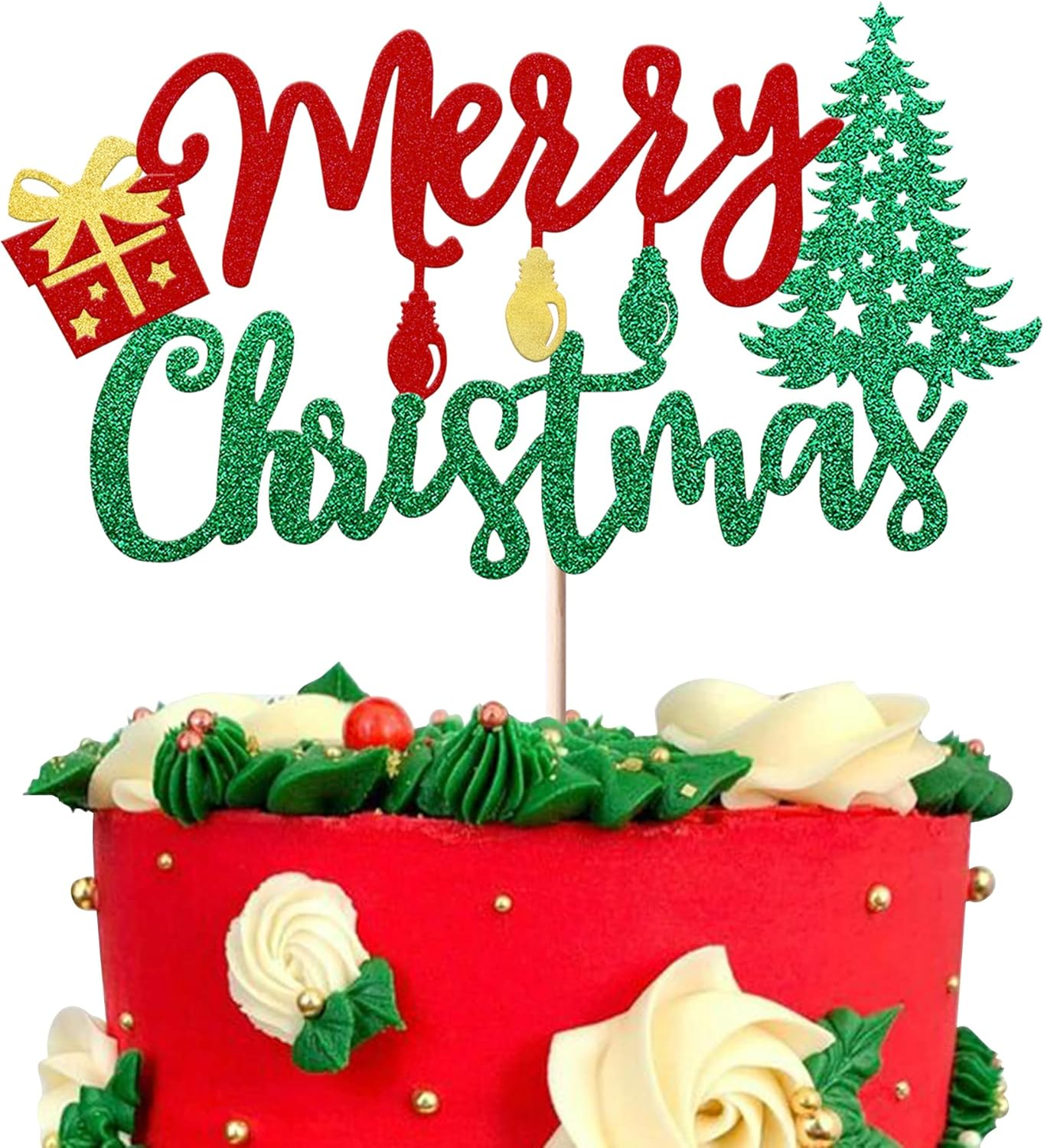 1 Pack Merry Christmas Cake Topper Glitter Lights Gift Box Christmas Tree Cake Pick for Merry Christmas Theme New Year Holiday Kids Birthday Party Cake Decorations Supplies