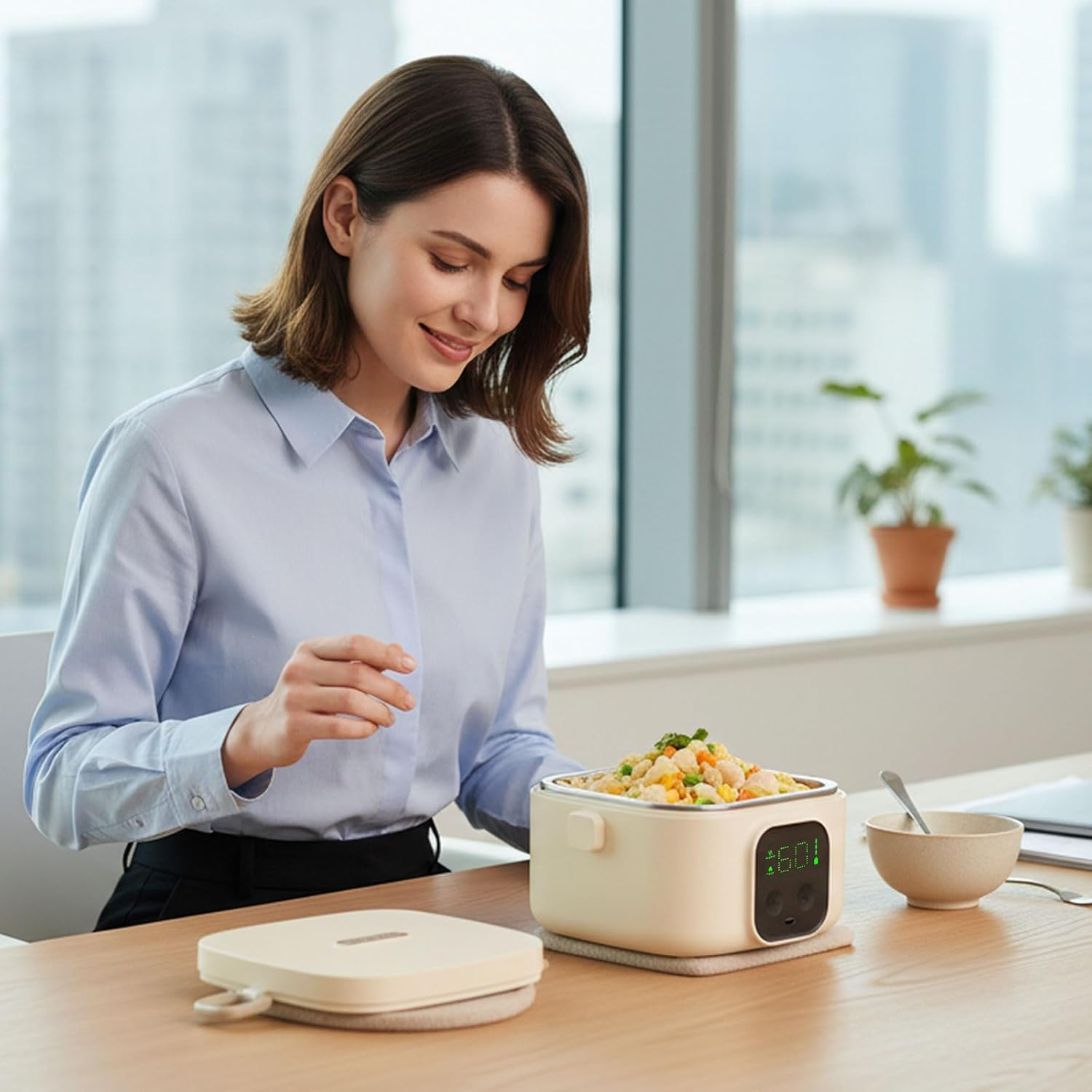 Portable Wireless Electric Heated Lunch Box for Adults,Heating Food Lunch Box for Work,Rechargeable 14000Mah Battery,0.8L Capcity Inner Food Warmer Container,Lunchbox for Travel,Outdoor,Picnic,Office. image number 1