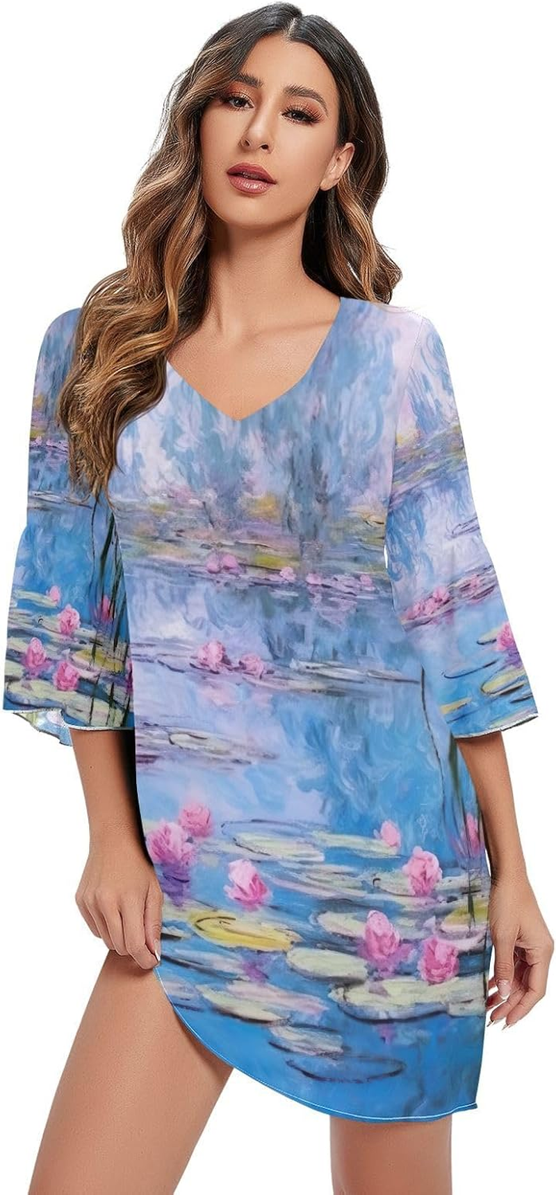 Water Lilies Scene Chiffon V Neck Dress Printed Maternity Dress Party S-XXL image number 1