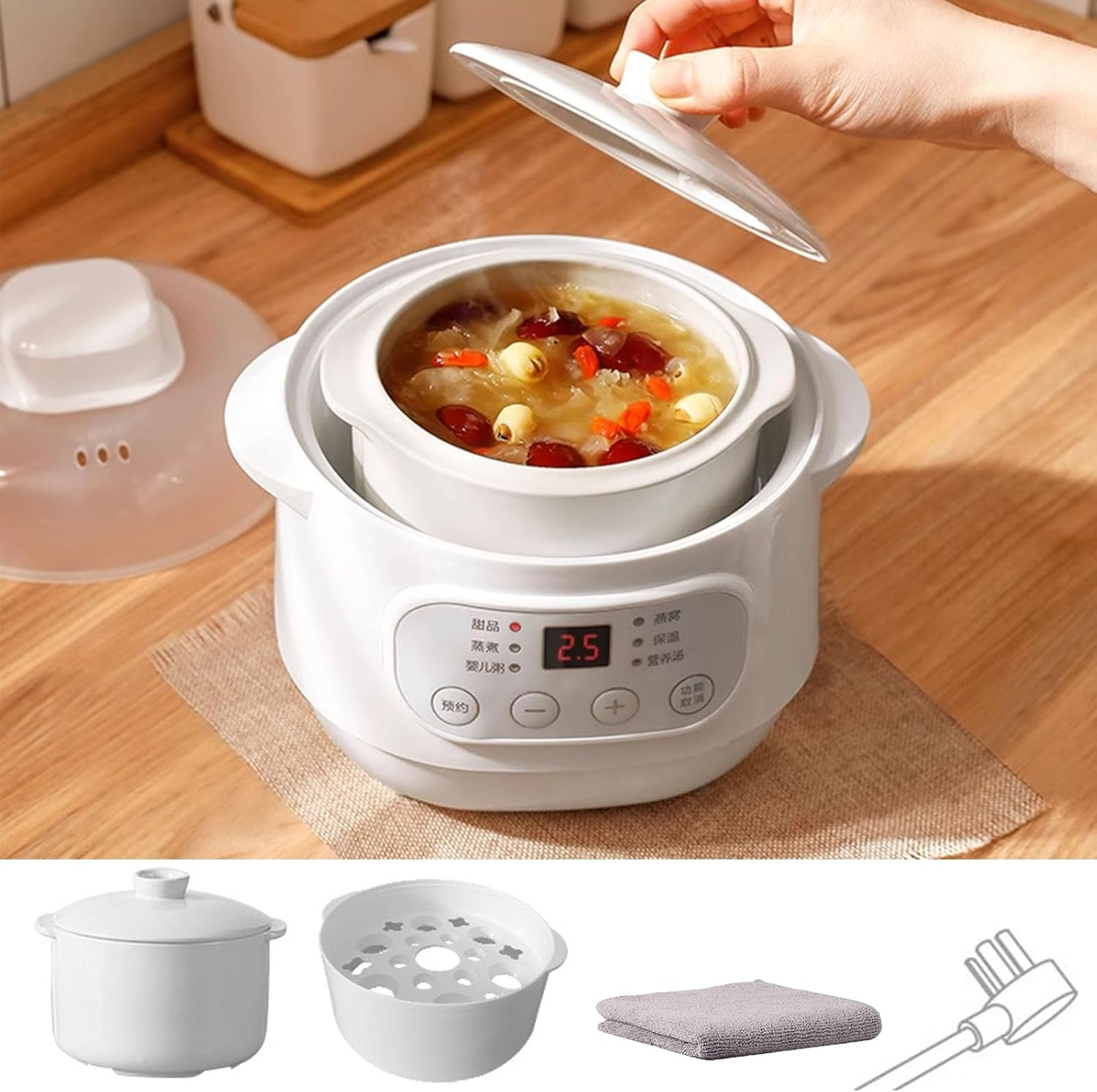 ◉ Electric Stew Pot with Steamer, 1L Mini Ceramic Slow Cookers, 6 Smart Menus | 24H Appointment & No Time Limit Keep Warm | Anti-Dry Burning | Anti-Overflow for Household Stew Pot, Soup, Baby Porridge