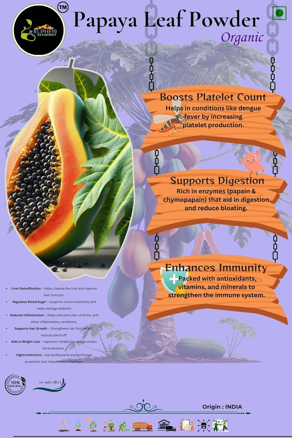 Organic Papaya Leaf Powder - 100G | 100% Pure, Non-Gmo, Gluten-Free, Rich in Antioxidants & Nutrients | Supports Digestion, Immune Health & Detoxification Brand: RUPHE19 NATURENEST Product Type: Organic Papaya Leaf Powder Quantity: 100G Packaging: Resealable Pouch Origin: INDIA Shelf Life: 24 Months from Date of Manufacturing image number 3
