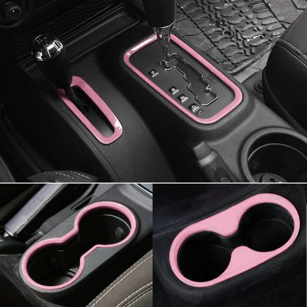 E-Cowlboy Inner Front and Rear Water Cup Holder Trim,Gear Box Trim and Transfer Case Trim 4 Pcs for Jeep Wrangler JK & Unlimited 2/4 Door 2011-2017 (Pink)