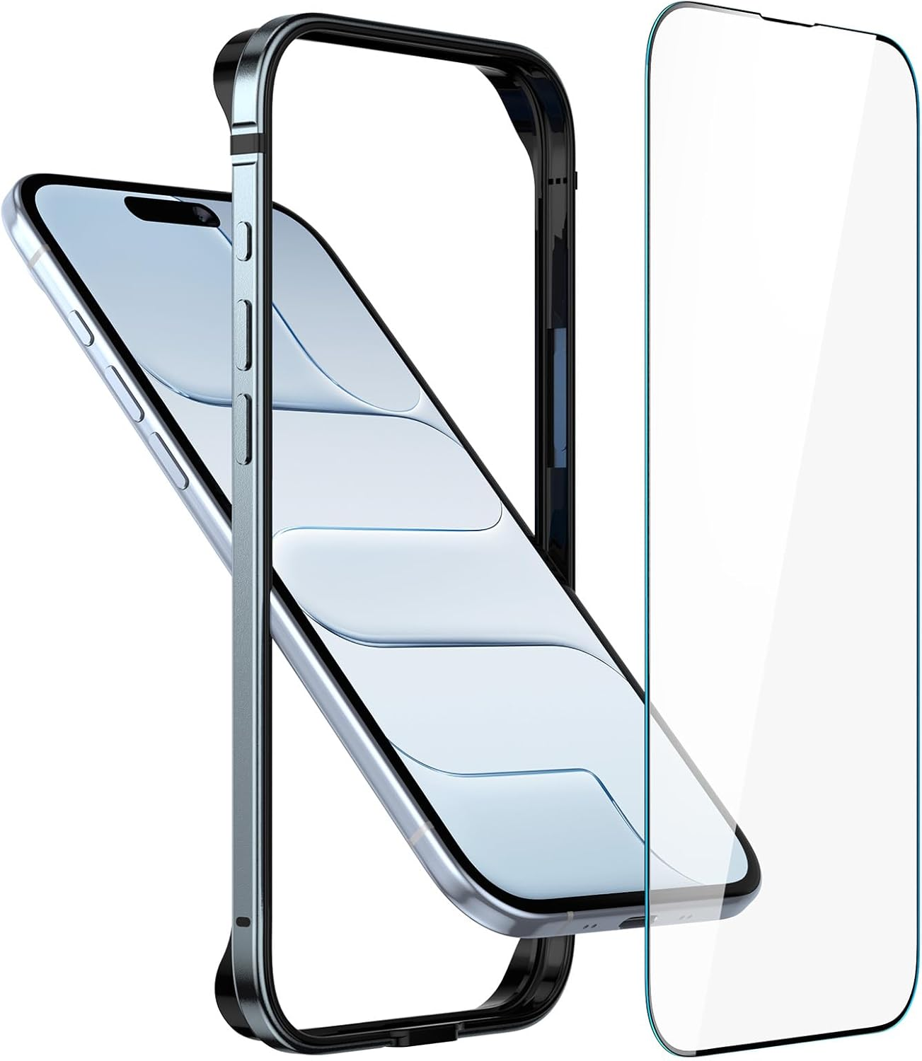 Metal Bumper Case for Iphone 17 Air, Aluminum Frame Slim Case [Soft Silicone Inner Bumper][Raised Edge Protection] HD Tempered Glass Screen Protector Cover for Iphone 17 Air Blue image number 1