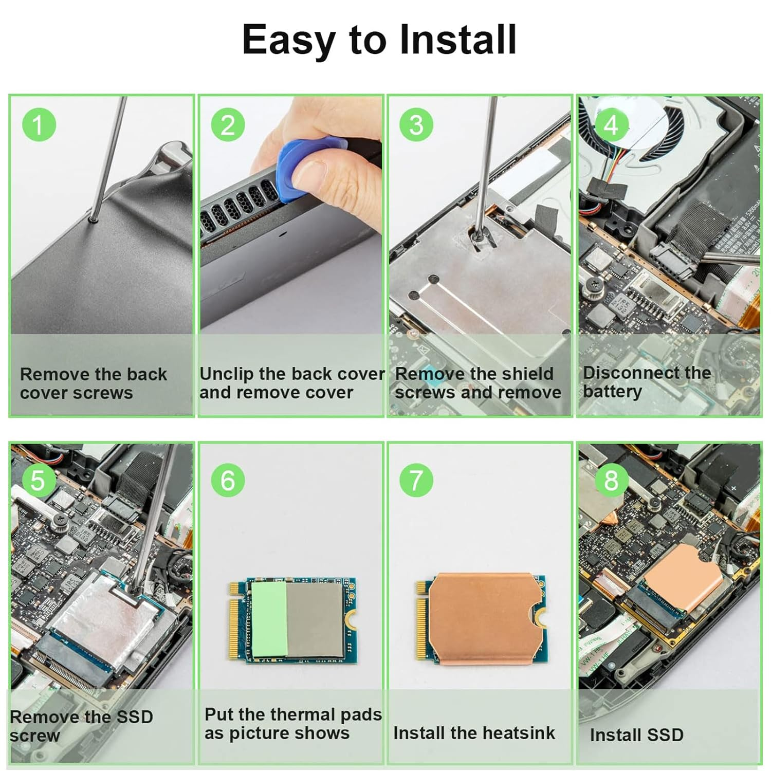 SSD Heatsink Thermal Pad for Steamdeck ROG All, M.2 2230 NVME SSD Copper Heat Sink Cooling Thermal Paste Back Cover Opening Tool, Easy to Install image number 5