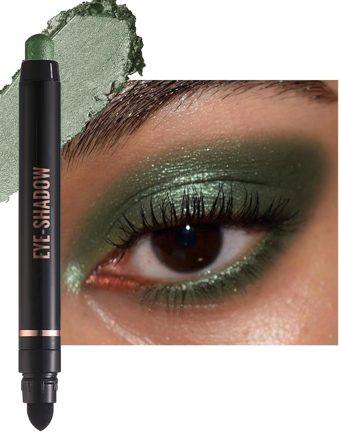 Green Glitter Eyeshadow Stick, Rotating Creamy Silky Eyeshadow Stick, Waterproof and Long-Lasting, Shimmer Eyeshadow Pencil Crayon with Smudger, Highly Pigmented Eye Makeup for Wrinkle Free D10