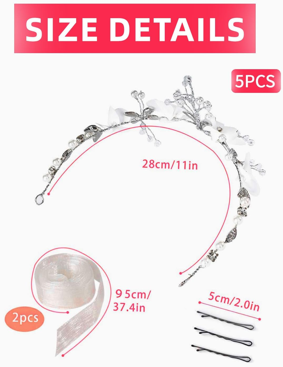 BPTRKOM 1 X Princess Flower Headpiece Pearl Hair Dress Crystal Bridal Wedding Hair Accessories Flower Bride Hair Accessories for Girls Flower Girl (White) image number 3