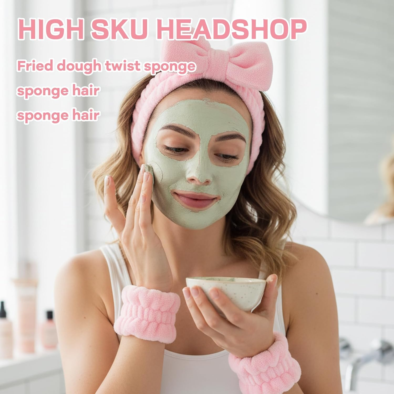 Skincare Headband, 6-Piece Set Pink Makeup Headband for Women and Girls, Facial Accessories for Washing Face, Yoga and Spa, Includes Headband and Hair Clips image number 2
