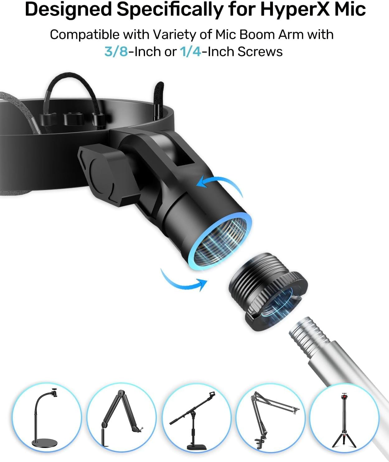 Etour [Custom Built for Hyperx Quadcast Shock Mount ] Microphone Mount Stand Mic Mount Adapter with 5/8" 3/8" 1/4" Screw Adapter with Microphone Stand & Boom Arm