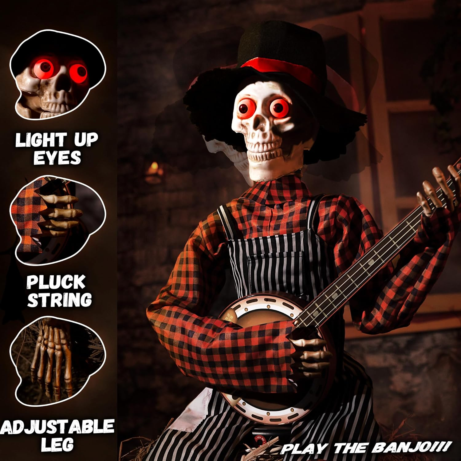 Halloween Animatronics Banjo Skeletons - Animated Skeleton Decorations with Sound Activated, Funny Voice Light up Eyes Playing Motion Musical Prop Decor for Indoor/Outdoor, Guitar Skull,(Gs01) image number 5