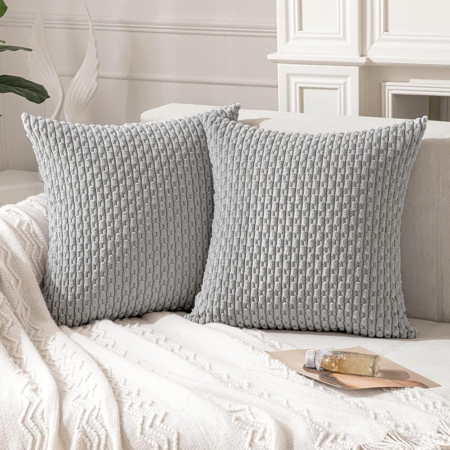 2Pcs Cushion Covers 55Cm X 55Cm, Corduroy Decorative Throw Pillow Covers Soft Boho Striped Pillow Case Modern Farmhouse Home Decor for Sofa Living Room Couch Bed (Khaki, 55Cm X 55Cm)