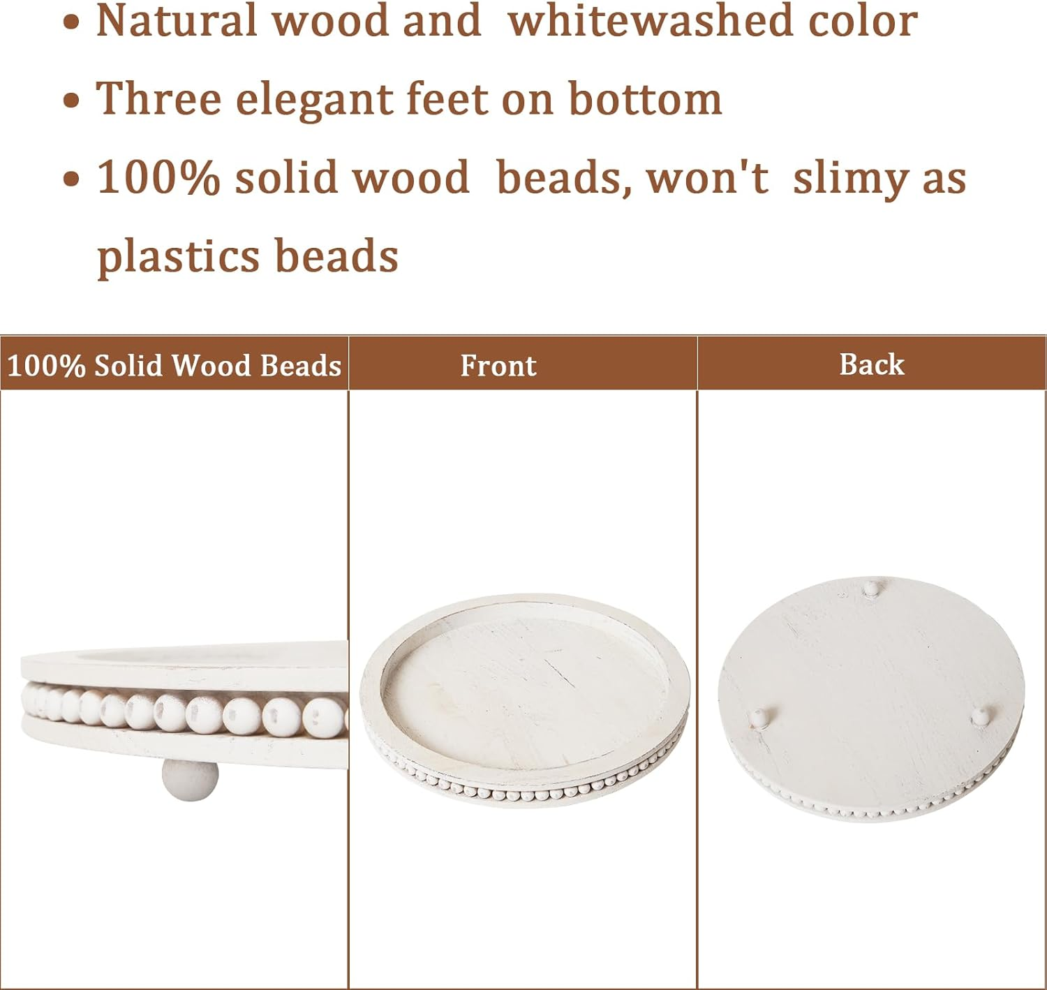 Tray Decor 12" Beaded round Decorative Trays - Rustic Farmhouse Home Decor for Coffee Table Centerpiece, Living Room, Kitchen, Bedroom - White Wood image number 4