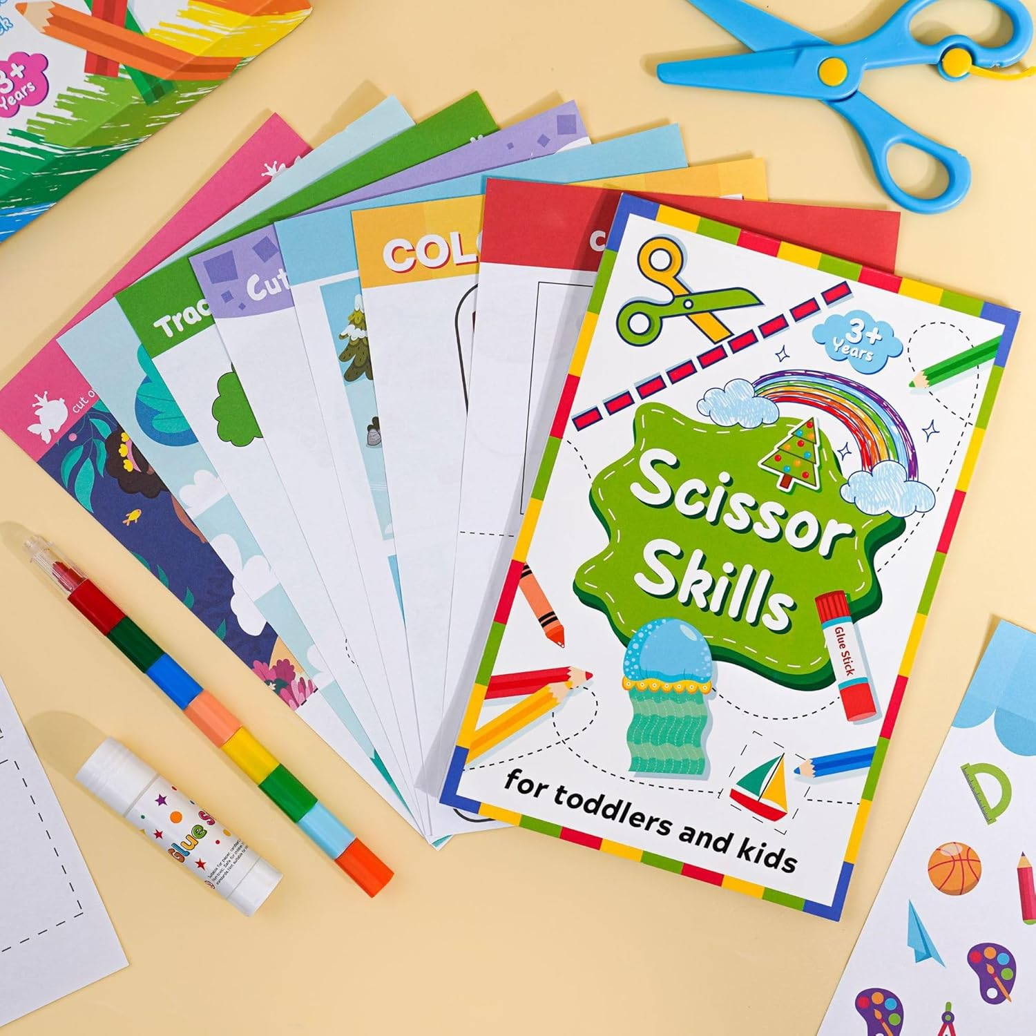 EUV Toddler Scissor Skills Activity Book for Kids a Cutting Practice Preschool Workbook Safety Scissors,Learn to Cut Lines, Shapes, Fruits, Animals,Birthday Gifts for Boys & Girls image number 4