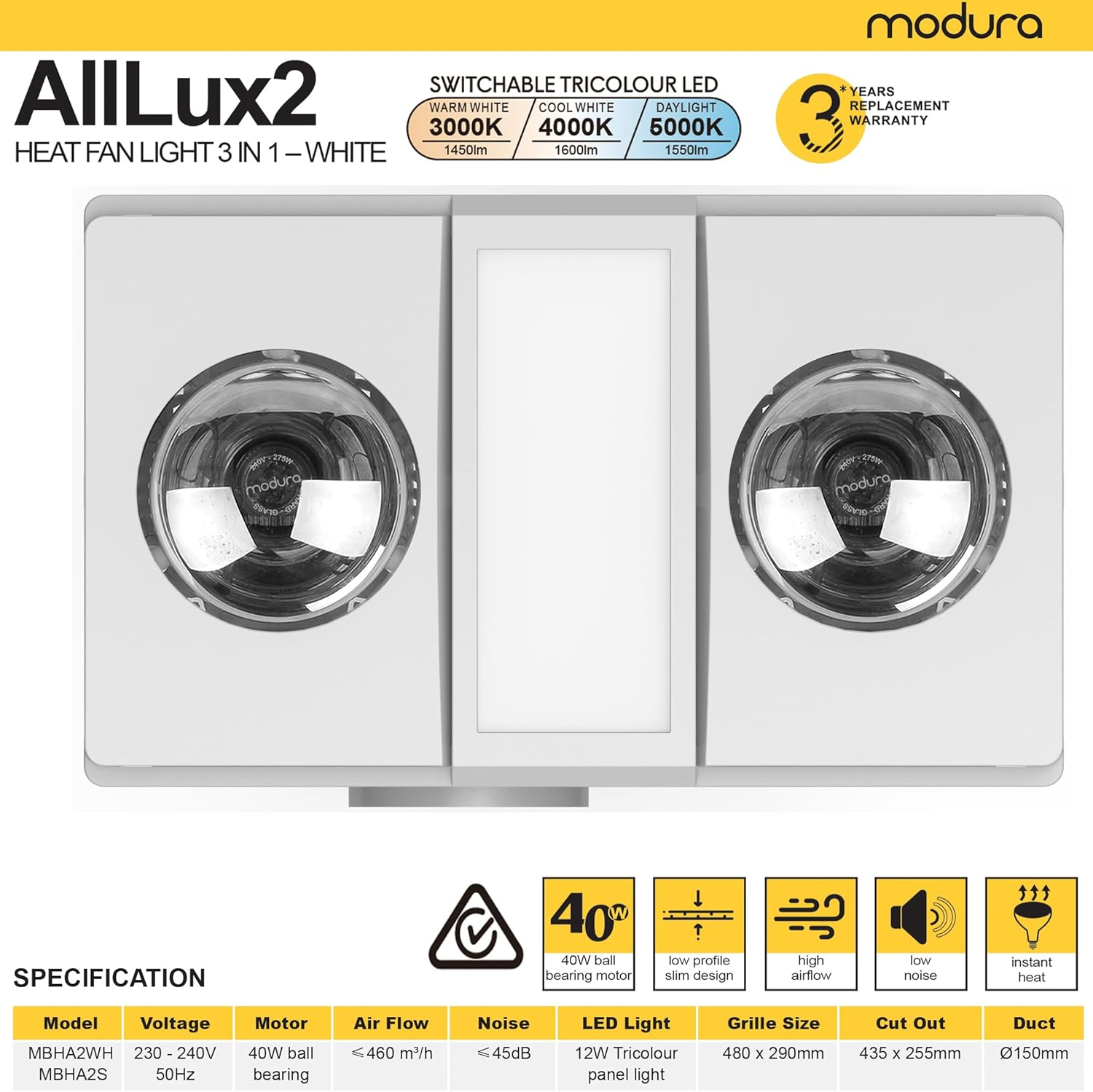 Modura Alllux2 Bathroom 3-In-1 Heater Fan Exhaust 16W Tricolour LED Panel 2X275W Infrared Instant Heat (White) - White image number 6
