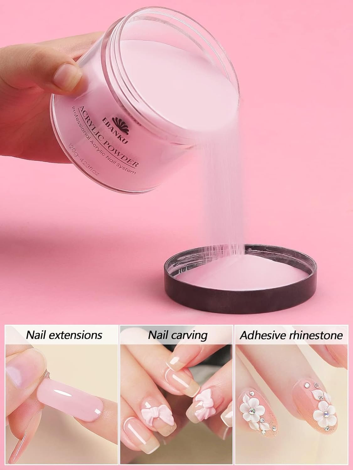 EBANKU Pink Acrylic Powder, 120G/4.23Oz Acrylic Powder Large Capacity Professional Acrylic Nail Powder for Nail Acrylic Extension, Nail Carving, Long-Lasting, No Nail Lamp Needed image number 1