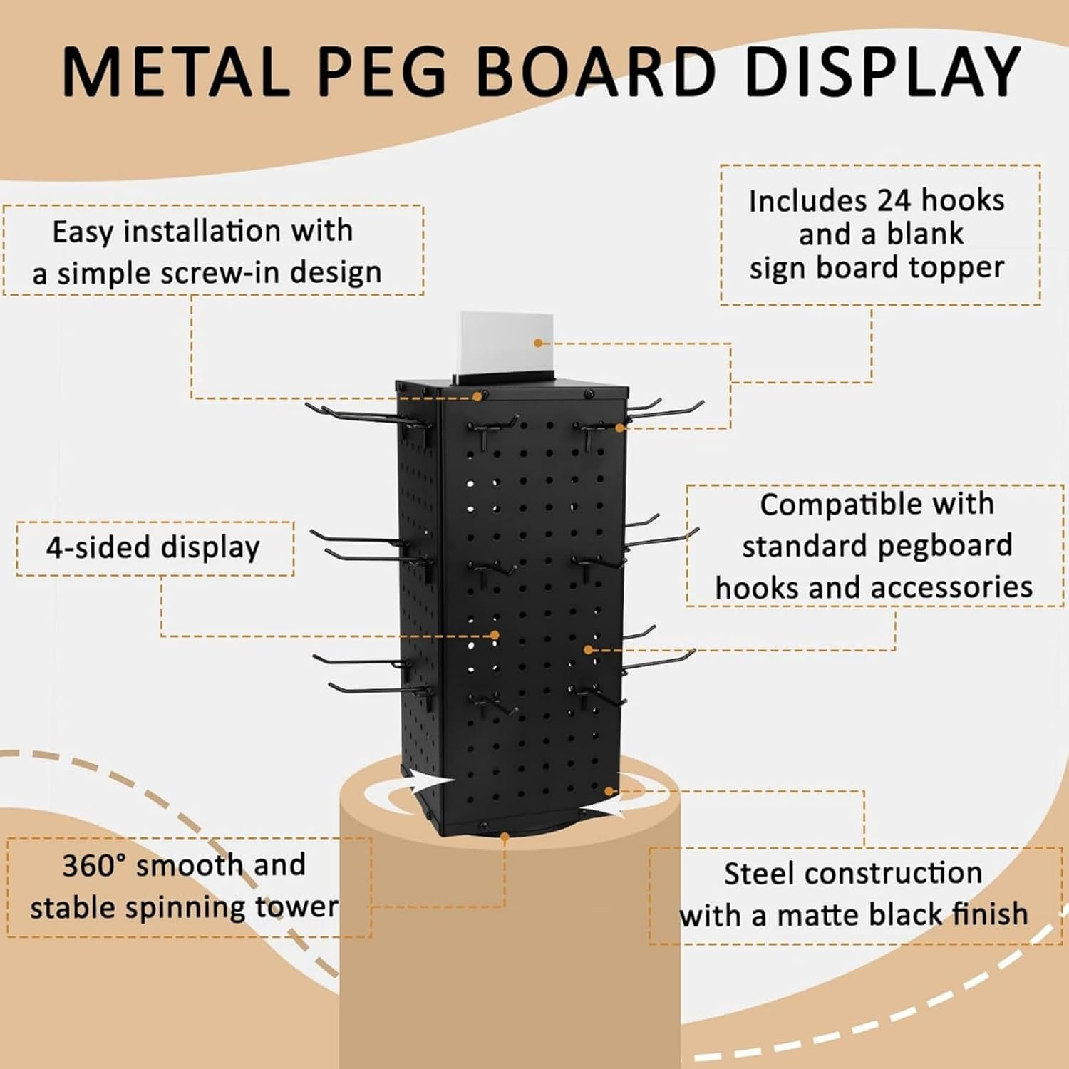Ssumght Peg Board Display Stand with 12 Hooks,White Metal Jewelry Retail Pegboard Racks for Craft Shows, Fairs and Selling Earrings,Sturdy Rack Stands for Retail Stores, Vendors (Black Rotating) image number 3