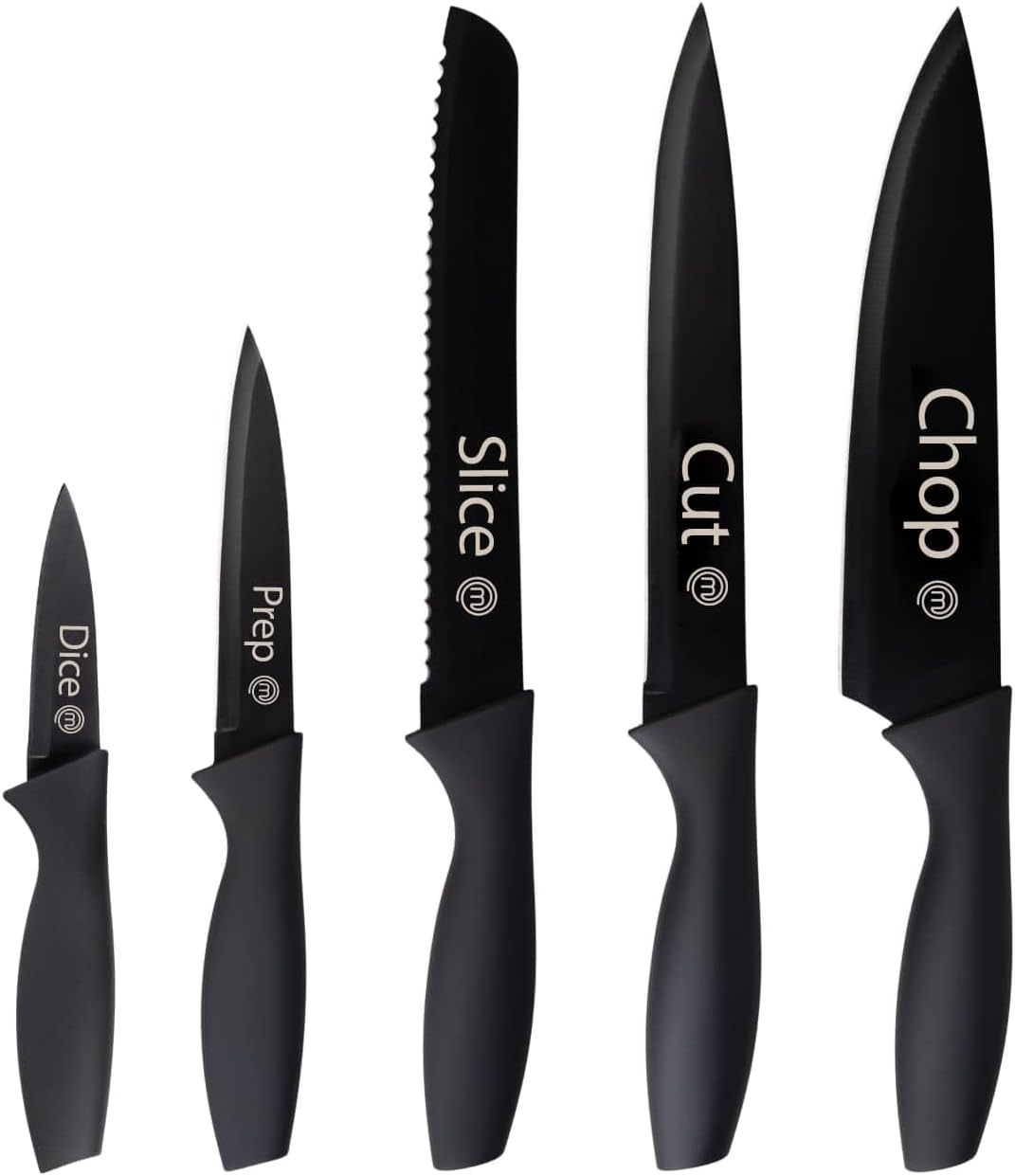 Masterchef Kitchen Knives, Chef Knife Set (Meat, Breadsaw, Vegetables and Fish), Stainless Steel Collection with Soft Touch Handles, Multifunctional, 5 Pieces, Black, Captions